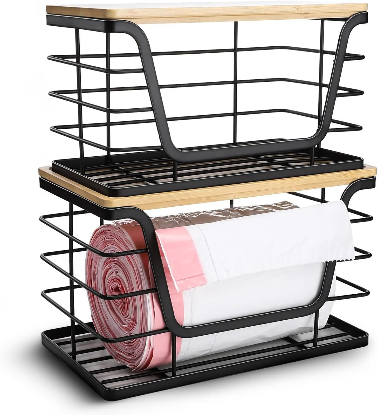 2 Pack Trash Bag Dispenser and Garbage Holder &ndash; Stackable Roll Storage Box with Bamboo Top for Kitchen, Bathroom & under Sink Home Organization image number 2