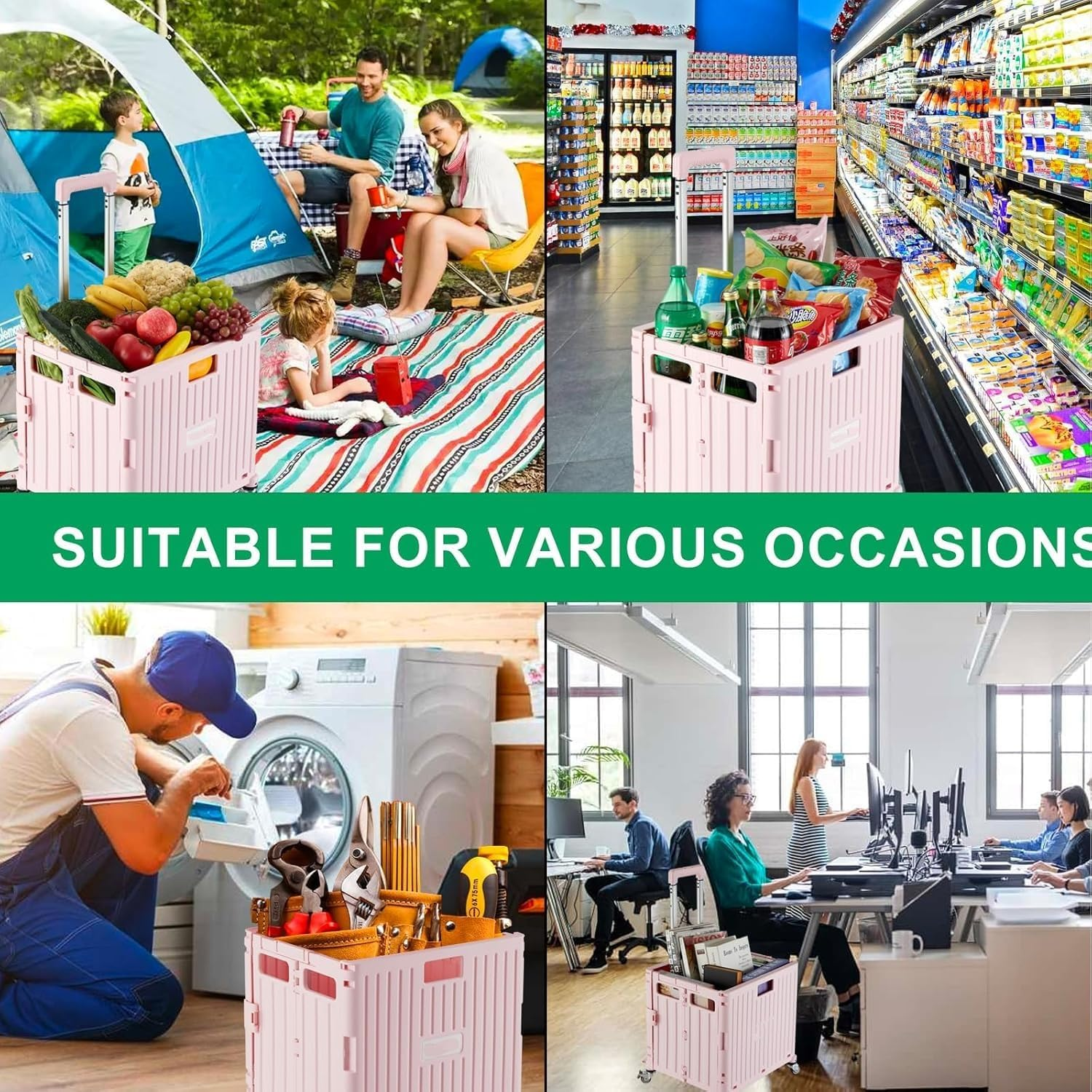 Folding Utility Cart with 4 Wheels, Black Foldable Cart with Telescoping Handle, Collapsible Cart with Wheels, Foldable Rolling Cart for Shopping, Office, Grocery Storage (Pink-65L) image number 6