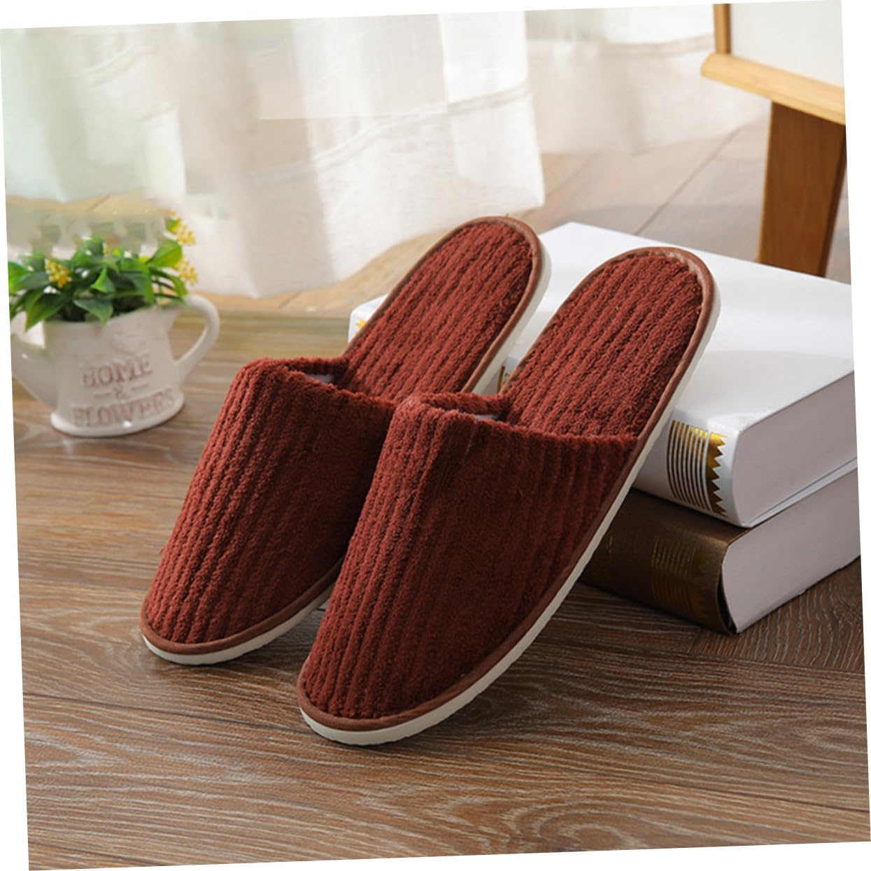 TOPPERFUN 2 Pairs Non Disposable Thick Household Slippers Coffee Color Guest Accessories Lightweight Warm Breathable Indoor Footwear for Families and Visitors image number 1