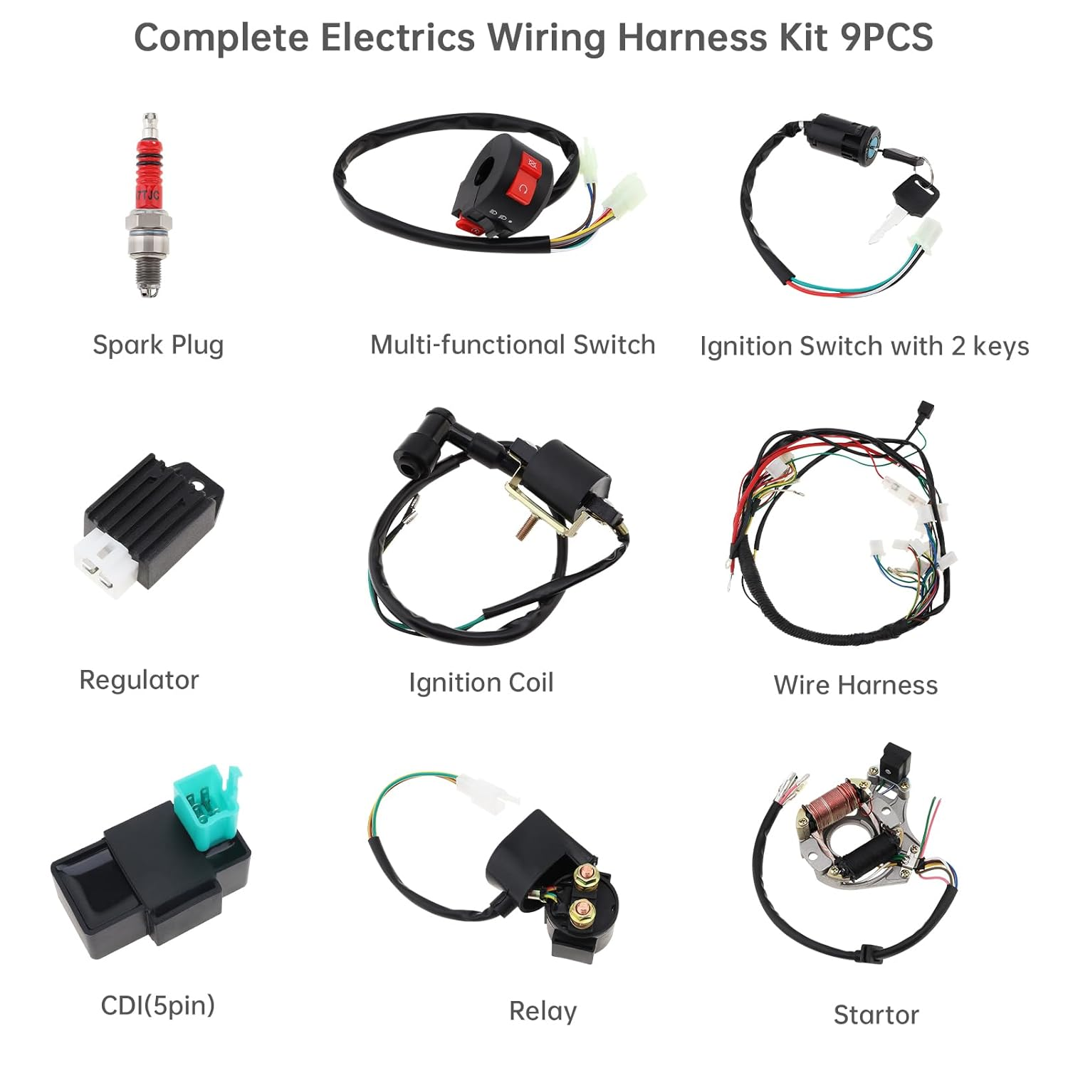 Windance 9PCS Complete Motorcycle Ignition Wire Harness,Electrics Stator Coil CDI Solenoid Relay Wiring Harness for 4 Stroke 50Cc 70Cc 110Cc 125Cc ATV 4 Wheeler Quad Pit Dirt Bike image number 1