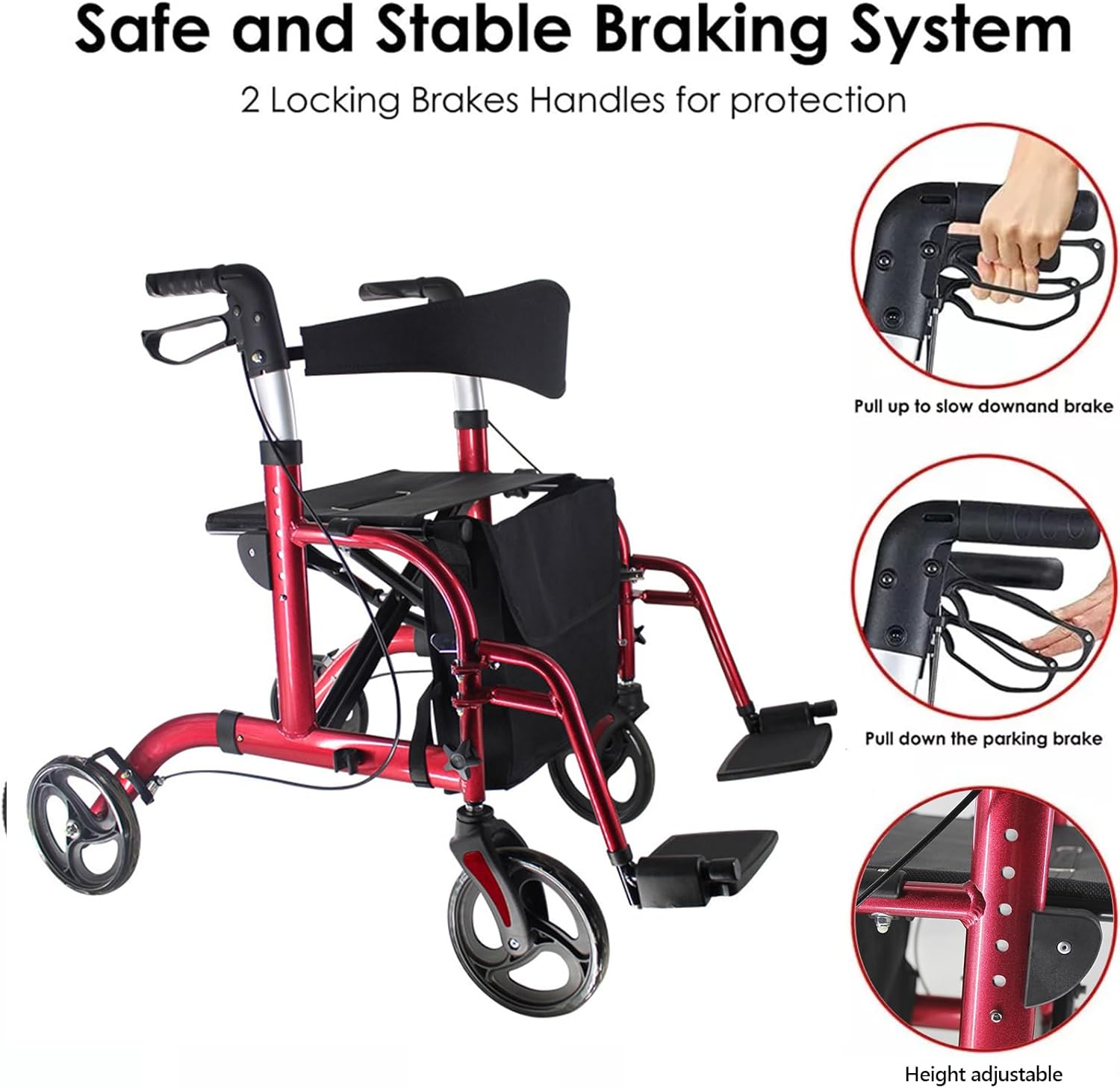Lightweight Wheelchair & Mobility Walker &ndash; 2-In-1 Foldable Rollator with Seat, Brakes, 8" Wheels & Detachable Bag (Red)