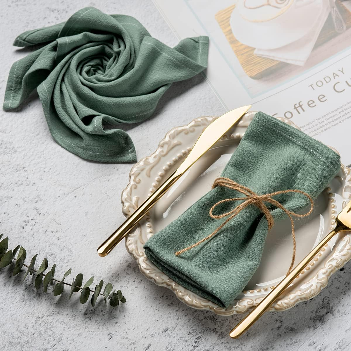 CHUQING Green Cotton Linen Napkins with Fringe Cloth Napkins Cloth Set of 4 Boho Table Dinner Napkins 18 X 18 Inch
