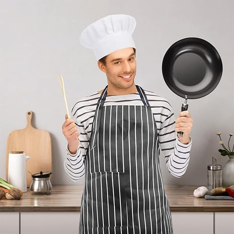 Apron and Chef Hat Set, Chef Outfit Adult, Adjustable Bib Apron Anti-Fouling with Pockets Black and White Striped Halter Apron for Unisex Suitable for Home Kitchen, Gardening, Cafes House