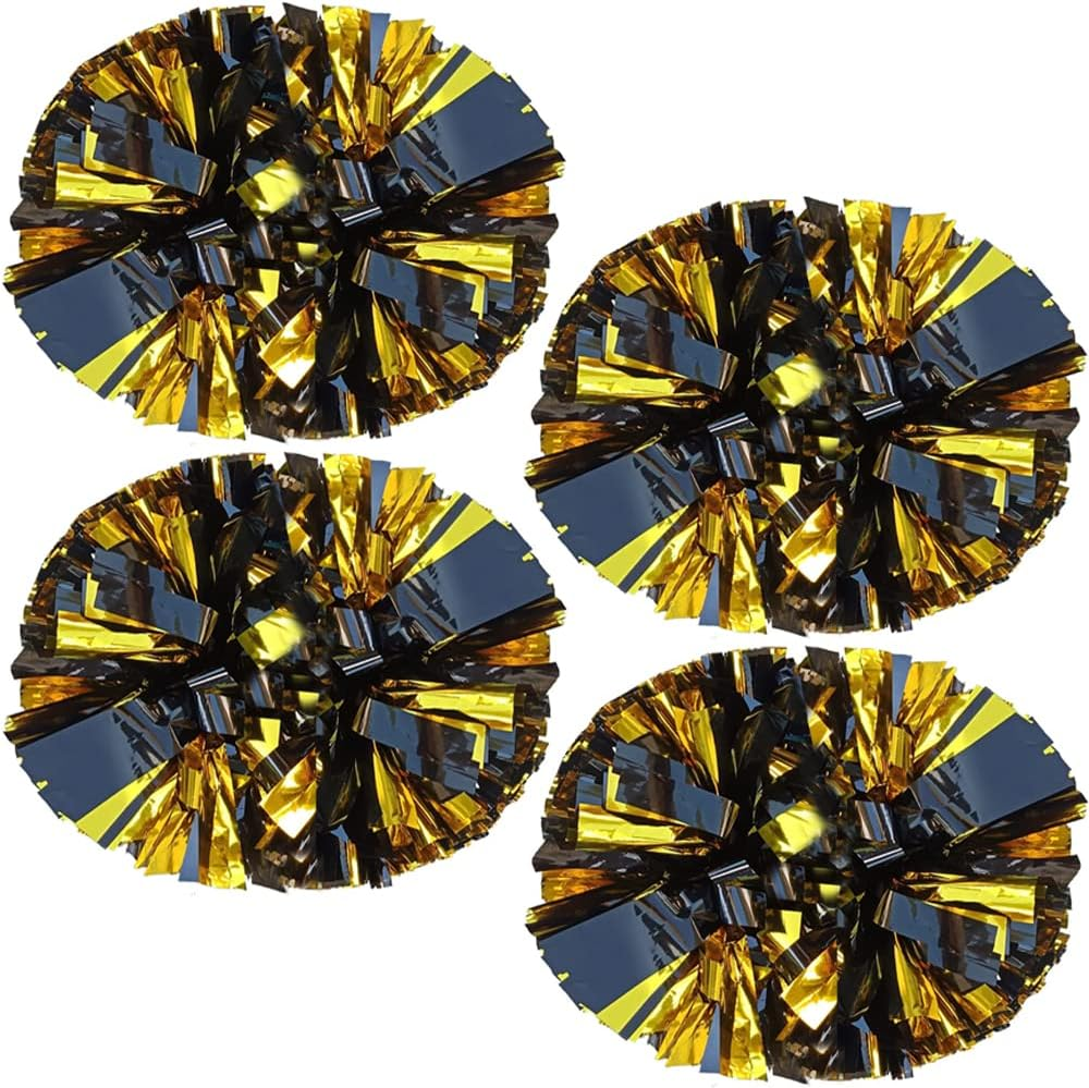 4 Pack Cheerleading Pom Poms,Metallic Cheer Pom Poms with Training Baton Handle for Team Sport Spirit Squad Bulk Cheerleaders(Black and Gold) image number 1