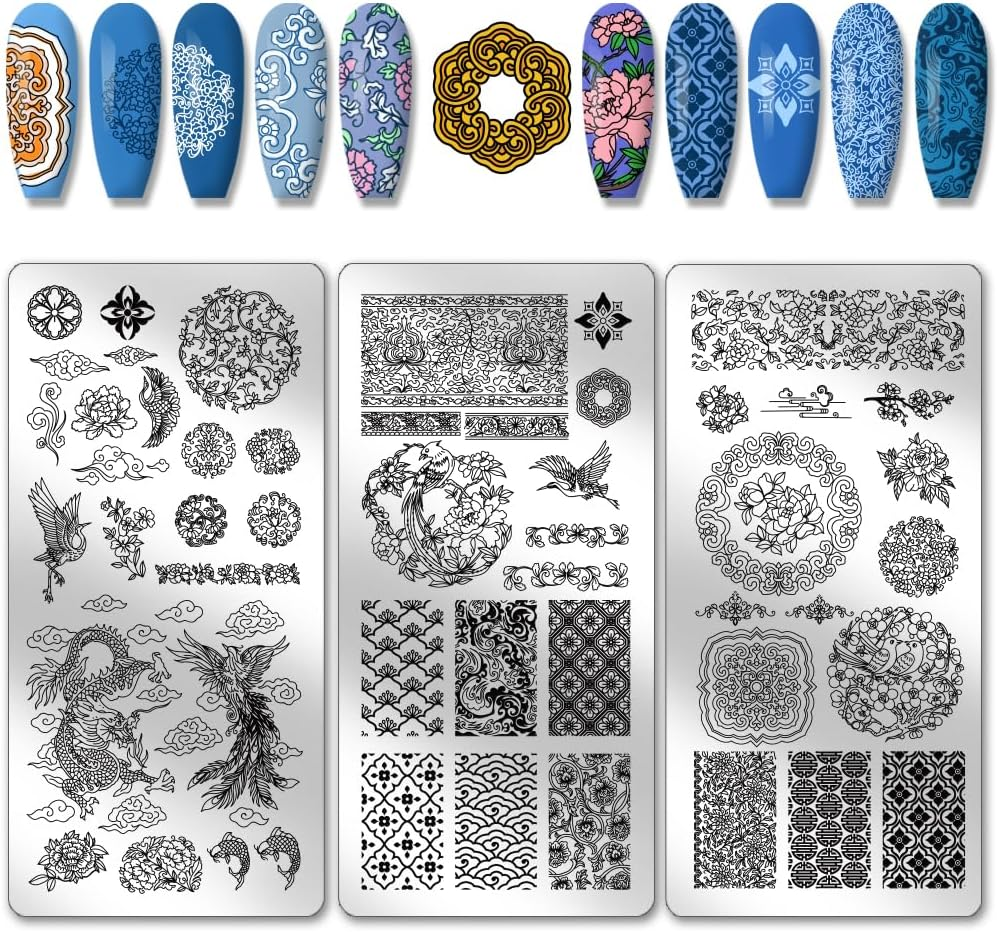 PH Pandahall Pack of 3 Chinese Porcelain Nail Stamp Plates Dragon Phoenix Pattern Nail Art Stencils Pottery Texture Nail Art Stencils Flower Nail Picture Plates for Women Nail Design 12 X 6 Cm
