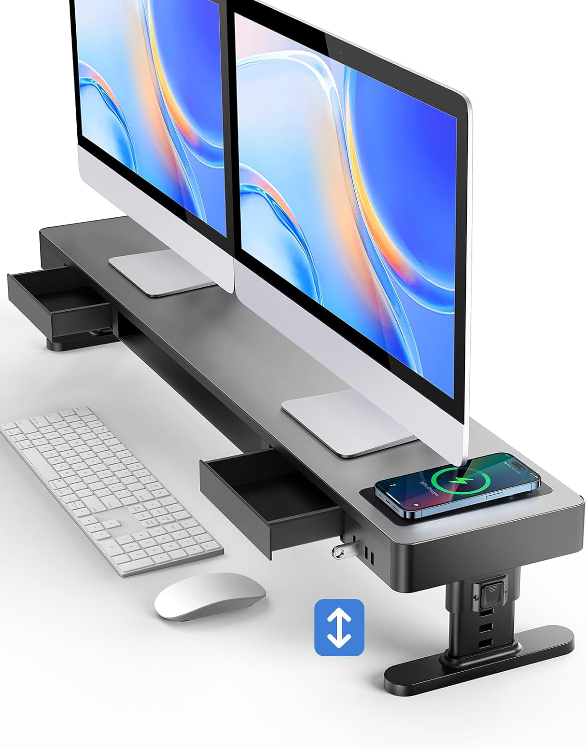 Meatanty Dual Monitor Stand with 4 Adjustable Heights, Auto Phone Charging Pad, 4 USB Ports, Computer Riser with Drawers Storage, Metal Double Desk Organizer Lifter Raiser for 2 Monitors Screen Gift image number 5
