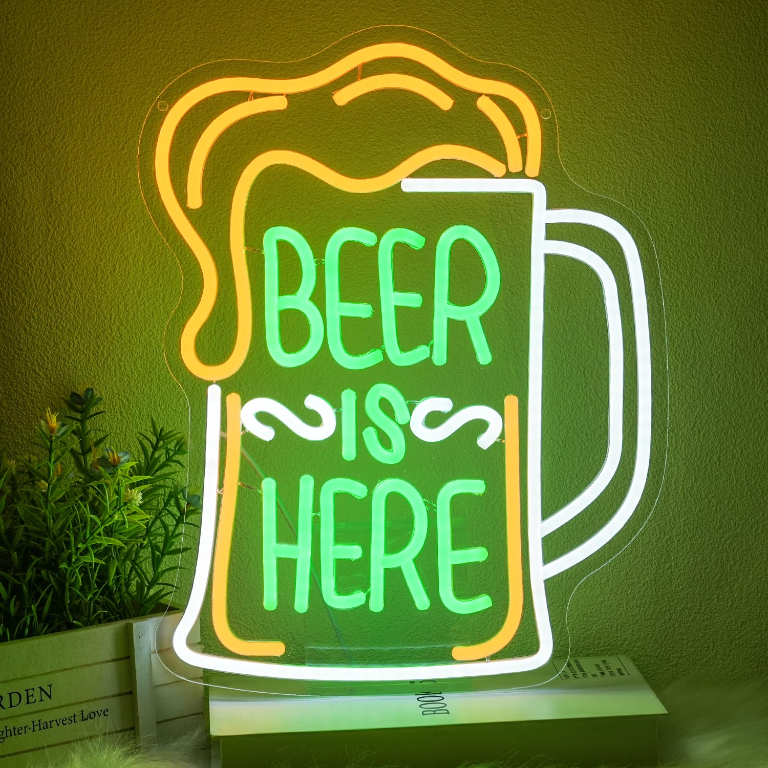 LMSIGNLY Beer Is Here Neon Sign for Wall Decor Beer Bar Neon Light Beer Glass Neon Light Sign Green Letter LED Sign for Home Nightclub Man Cave Restaurant Party