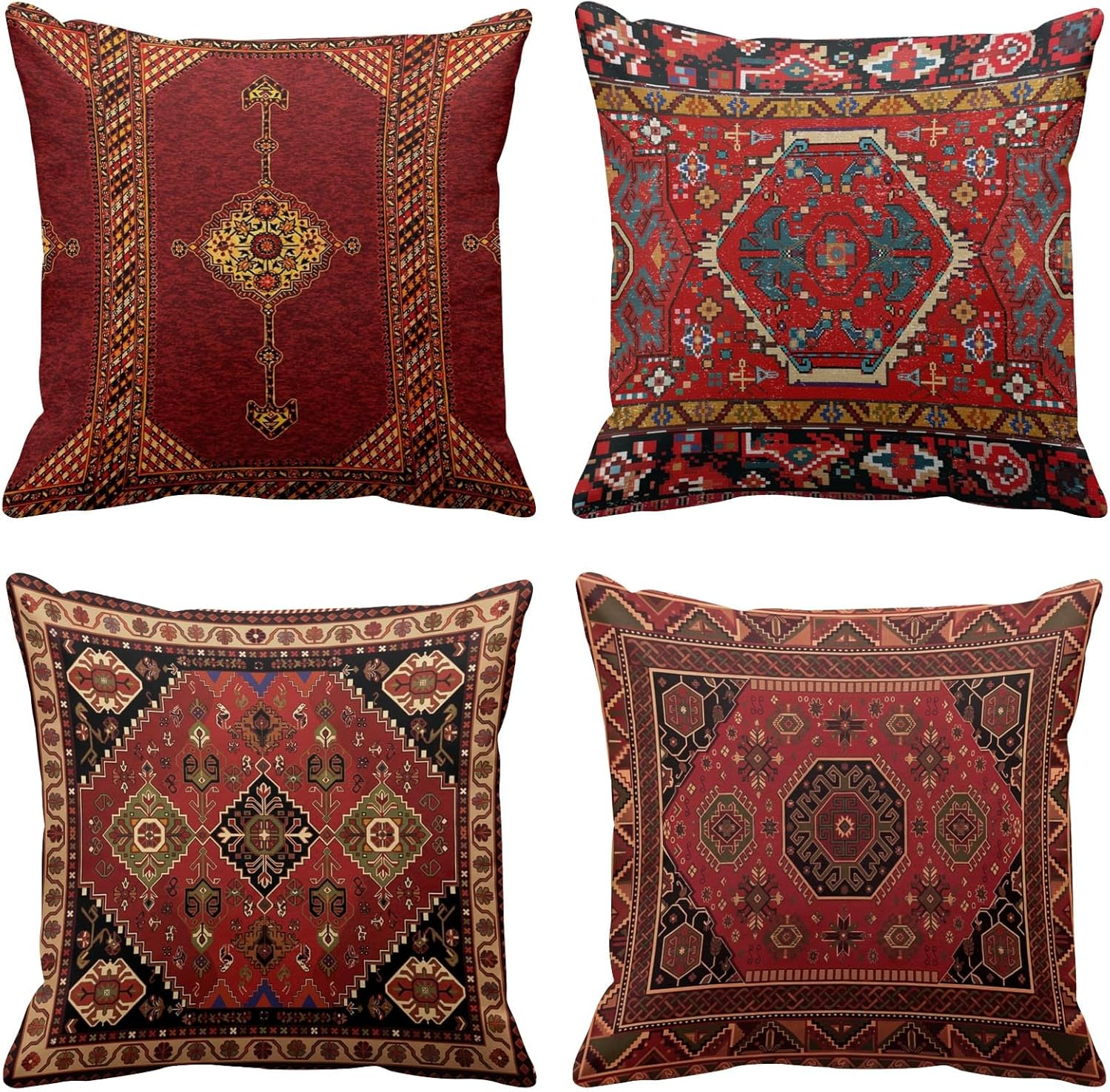 Britimes Throw Pillow Covers, Red Mandala Ethnic Flower Home Decor Set of 4 Pillow Cases, 18 X 18 Inches Sofa Cushion Couch Sofa Pillowcases Decorative