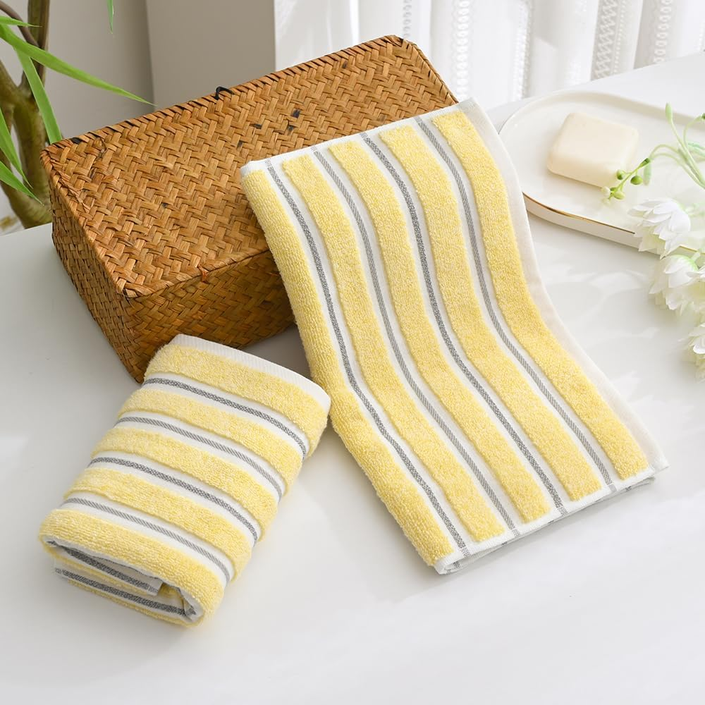Yiluomo Yellow Hand Towel Set of 2 Ribbed Striped Pattern 100% Cotton Soft Absorbent Decorative Hand Towel for Bathroom 13 X 29 Inch