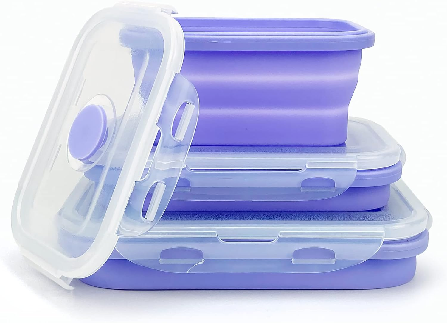 Lunbengo Purple Collapsible Meal Prep Containers Camping Bowls Silicone Bento Box with Airtight Plastic Lid, Microwave Safe, Portable Lunch Container, for Food Storage, Travel and Hiking, 3Pack image number 6