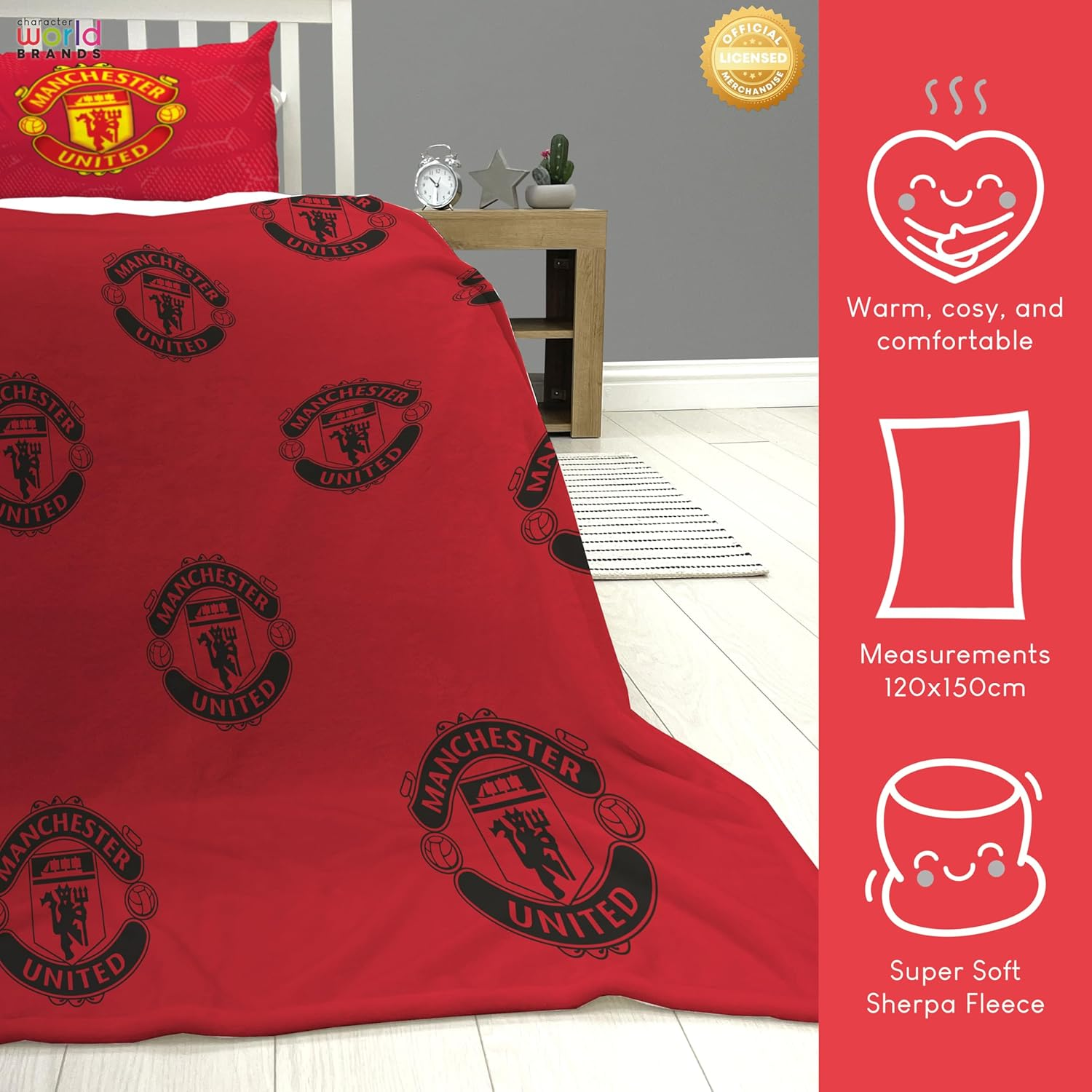 Manchester United FC Character World Official Fleece Blanket | Super Soft Warm Throw with Sherpa Reverse, Football Team Design | Perfect for Home, Bedroom, Sleepovers & Camping | Size 120 X 150Cm