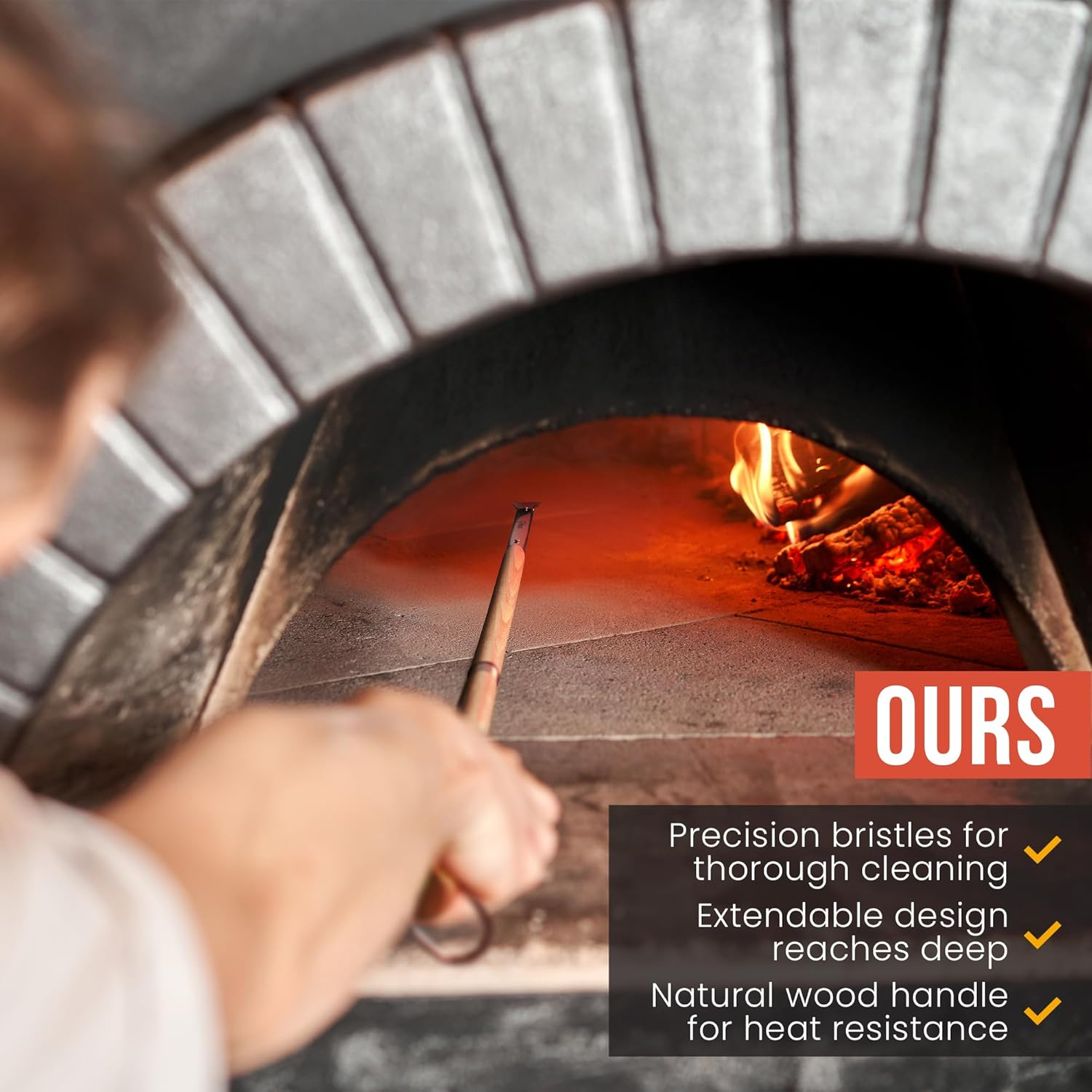 Chef Pomodoro Pizza Oven Brush with Scraper - Adjustable Handle (55Cm to 87.7Cm), Pizza Stone Brush, Pizza Oven Cleaning Brush, Outdoor Pizza Oven Accessories for Pizza Stones, BBQ Grill, and Ovens image number 1