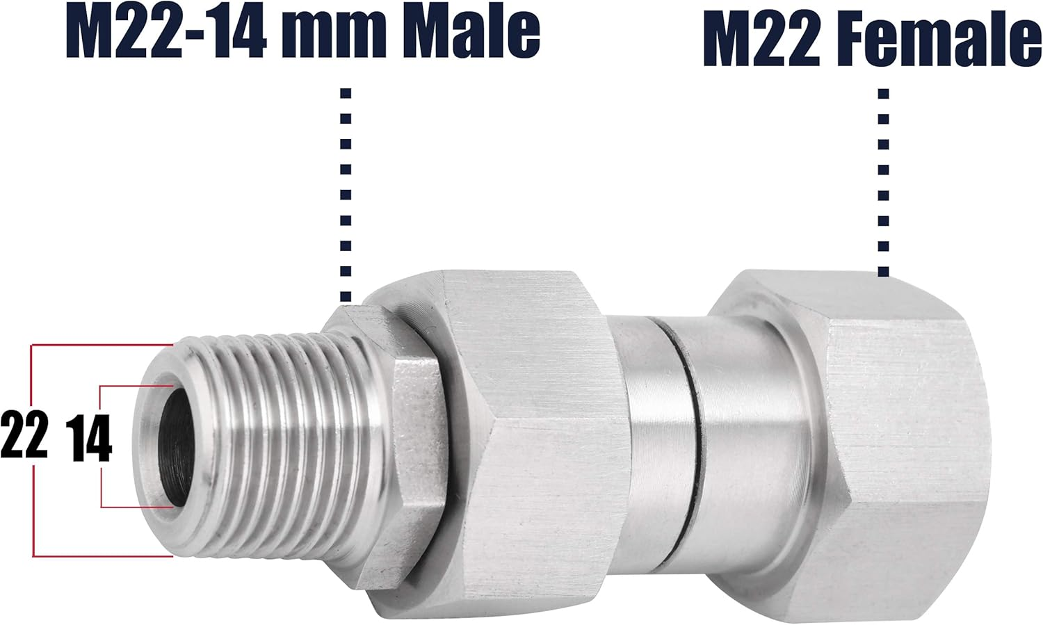 M MINGLE Pressure Washer Swivel Fitting, Metric M22 14Mm Thread, Stainless Steel, 4500 PSI image number 2
