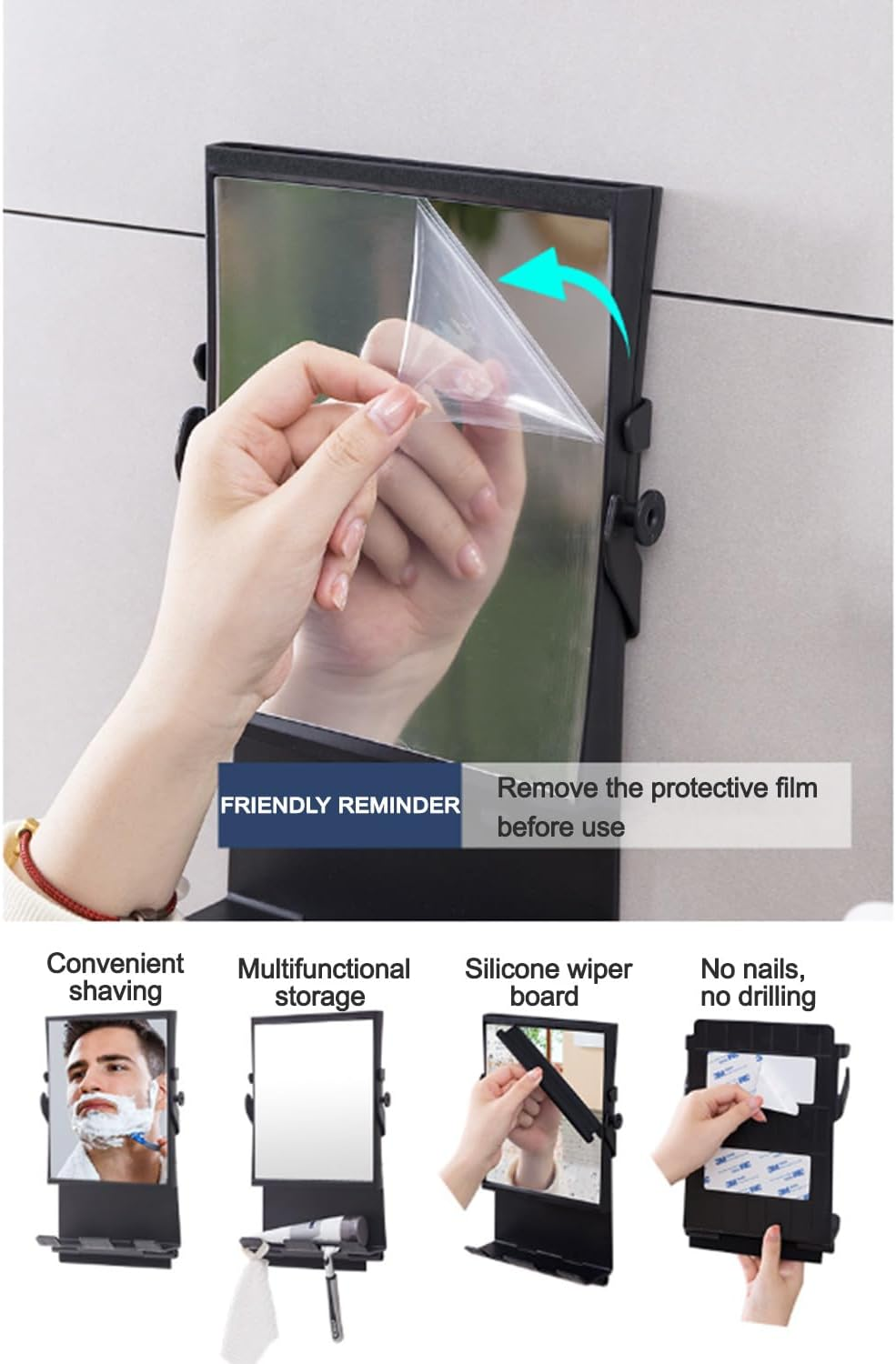 Water-Resistant Shower Fogless Mirror for Men - Double-Sided Magnification, Suction Cup Installation, Bathroom and Vanity Essential, Plastic, No-Drill Solution image number 1