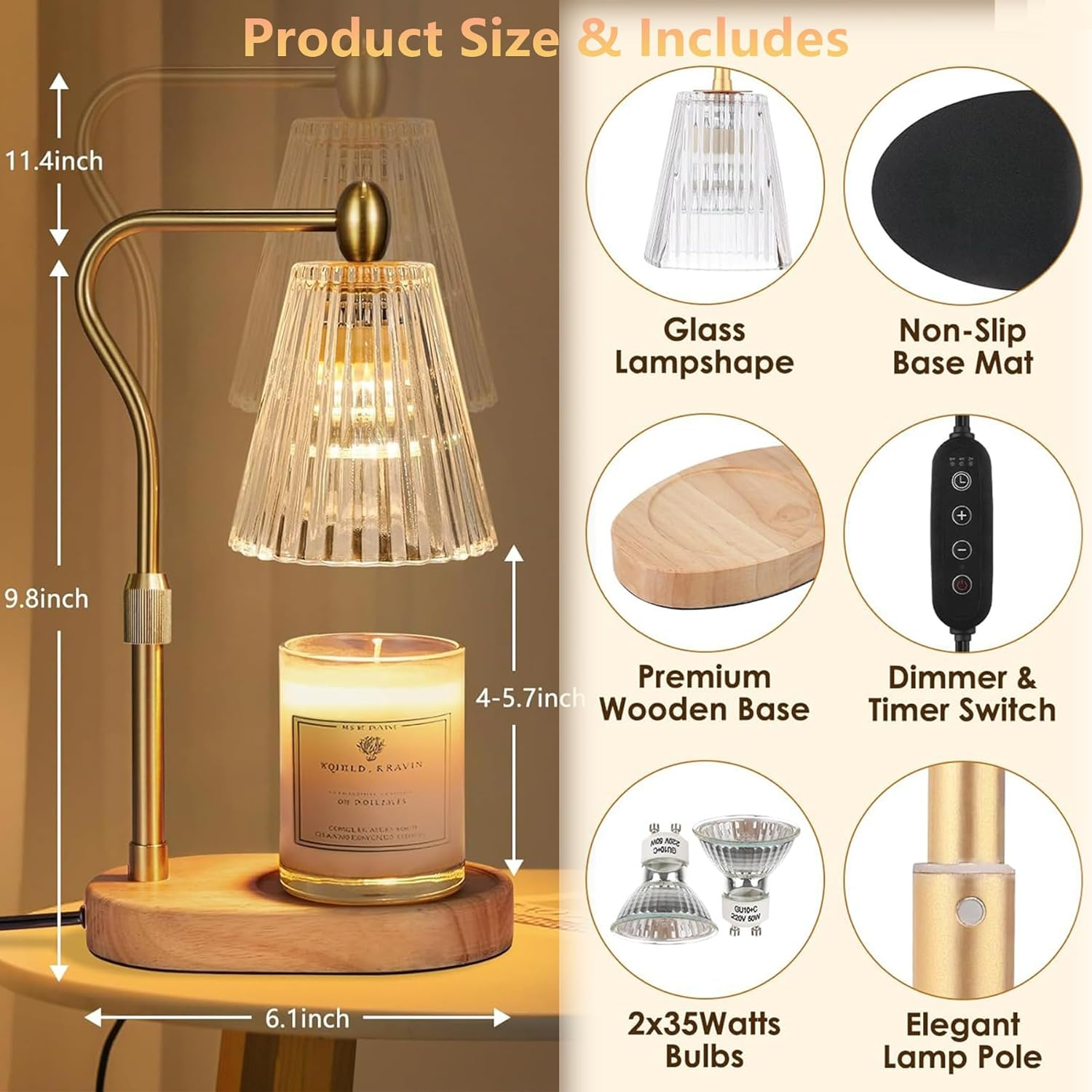 Wakouter Candle Warmer Lamp, Wax Melt Warmer for Scented Jar Candles, with Timer Dimmer, Adjustable Height Candle Lamp, for Women Birthday Gift, Mothers Day Gifts,Home Office - Safe Stylish Gift Idea - 01 image number 6