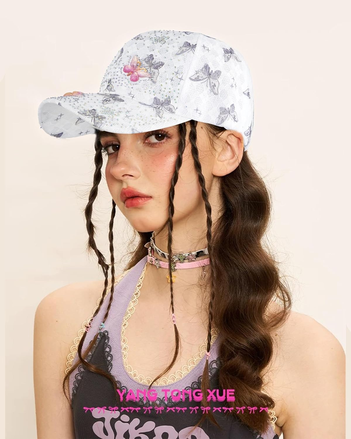 Meliyya Mesh Baseball Cap Rhinestone Butterfly Baseball Cap Summer Sequins Shield Cap Men Women One Size Adjustable - A08228-White image number 5