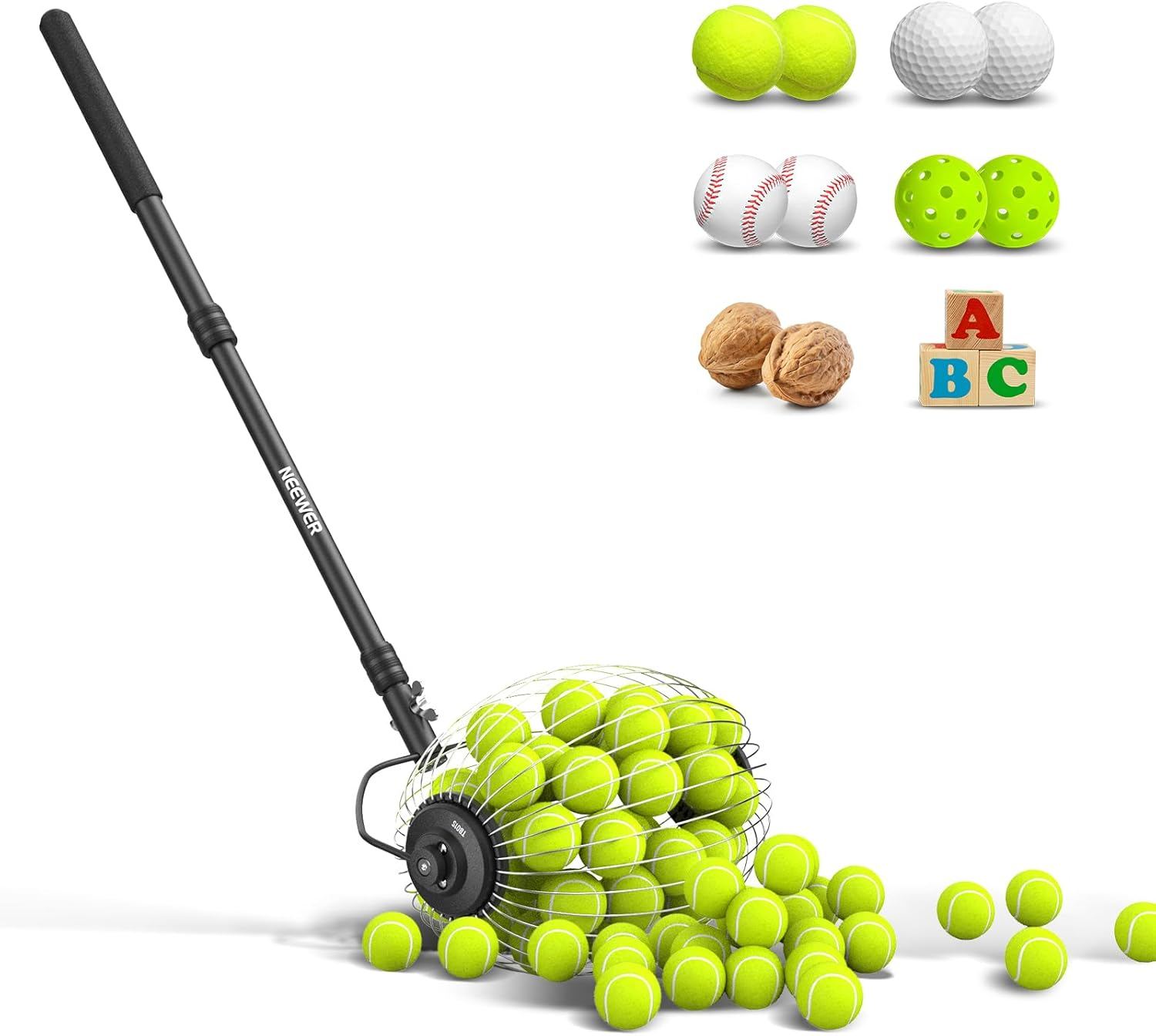 NEEWER Tennis Ball Pickleball Collector Roller, No Bending over Quick Rolling Picker for 1.5"-3" Tennis/Golf/Pickleballs, 30-58"/77-148Cm Telescopic Ball Retriever for up to 40 Tennis Balls, TB01S