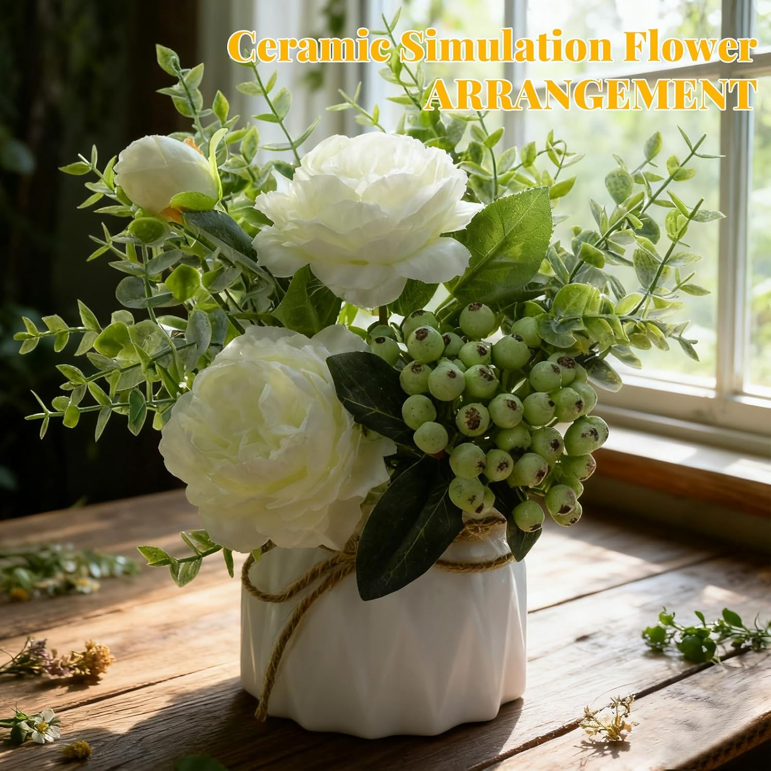 Artificial Eucalyptus Rose Berry Bouquet with Ceramic Vase, 20Cm, Plastic Flowers for Home, Living Room, Office Decor (Pinellia) image number 5