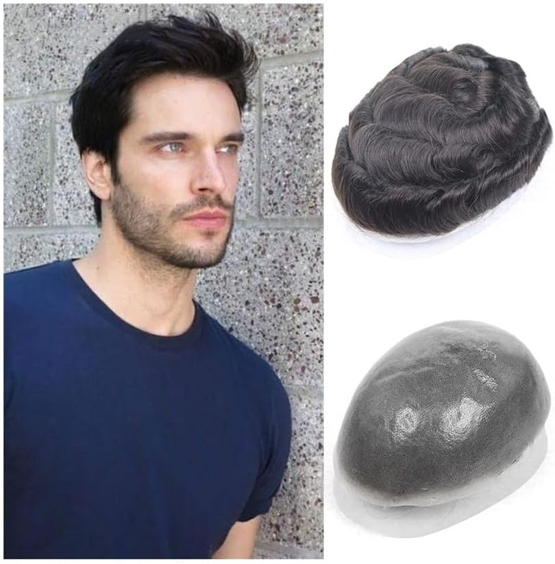 Replacement Men'S Capillary Prothesis 0.08Mm V Looped Full PU Base Toupee Natural Black Human Hair Male Hair System Systems image number 3