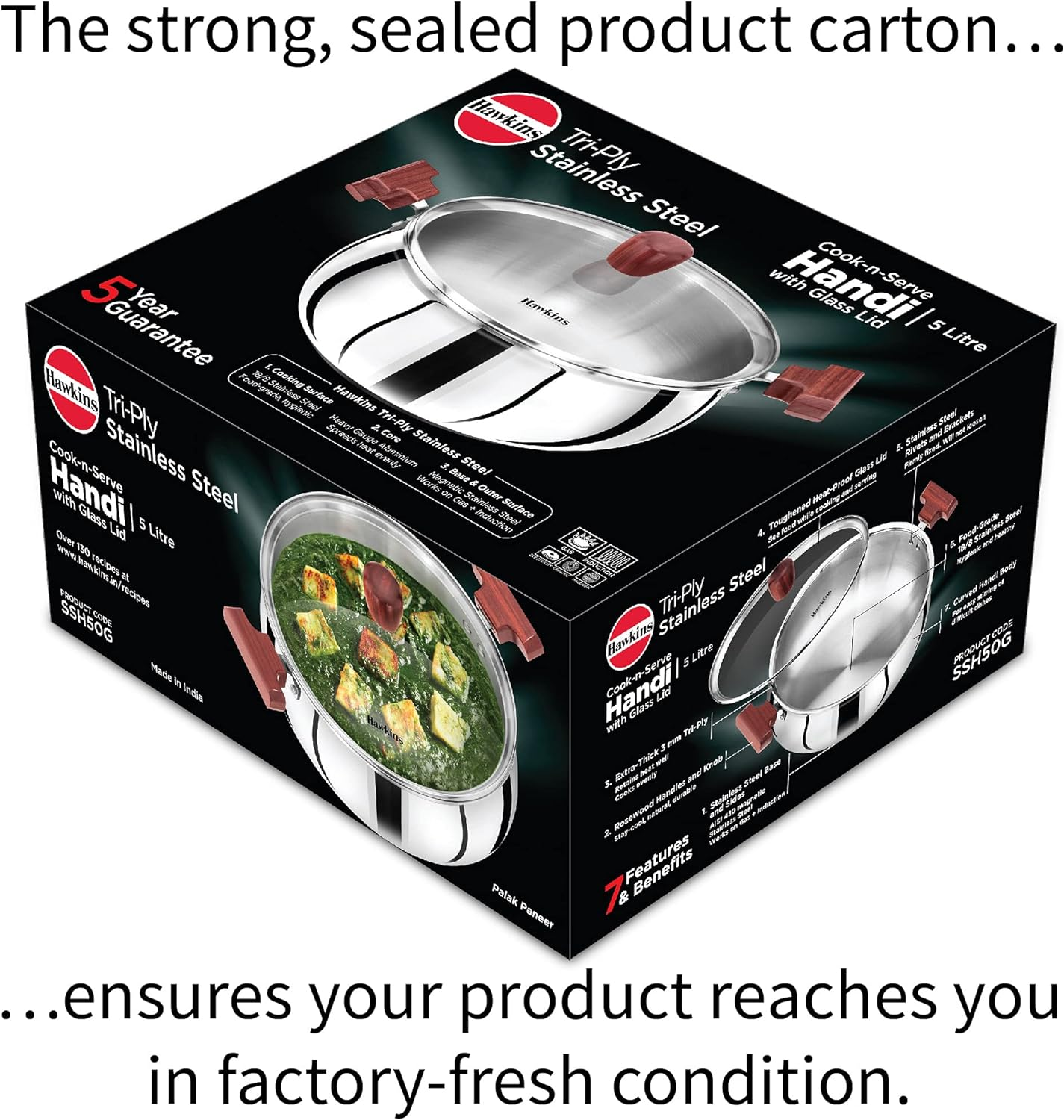 Hawkins Futura Steel Cook N Serve Handi with Glass Lid, 5.0 Litre Capacity image number 4