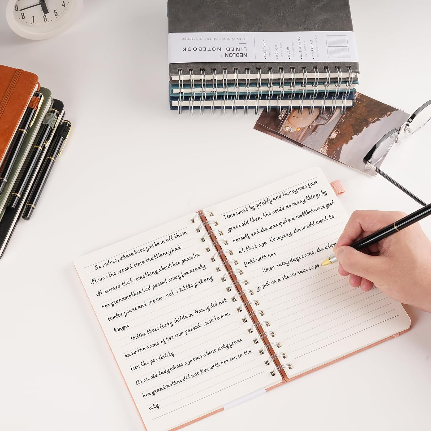 Lined Spiral Notebook Journal for Women Men 160 Pages A5 College Ruled Hardcover Leather with Pen Holder Notebook Journals for Note Taking Work (Black) - Black image number 2