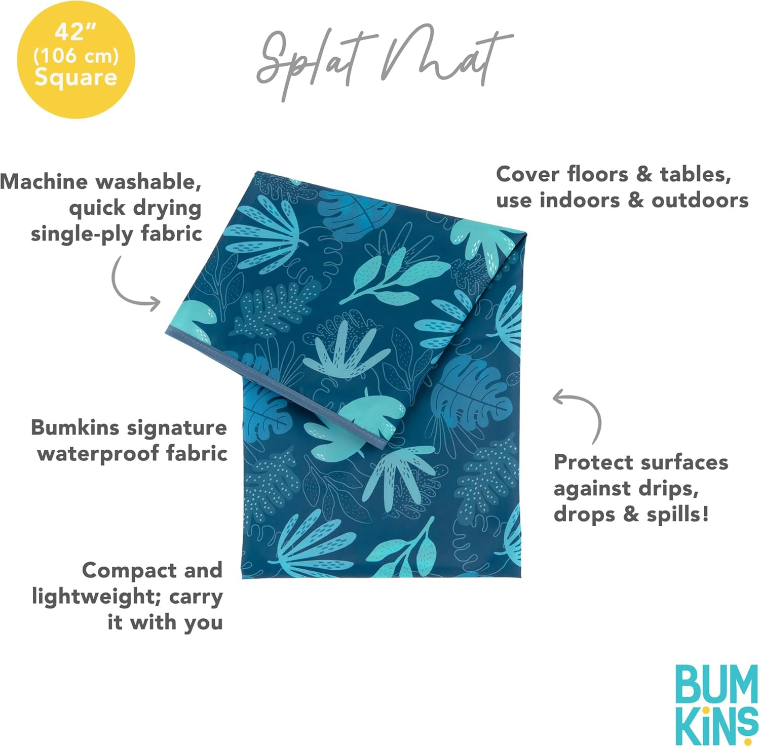 Bumkins Baby Splat Mat for under High Chair, Babies Toddlers Eating Mess Mat, Waterproof Reusable Cloth for Arts and Crafts, Playtime Mat for Kids, Floors or Tables, Fabric 42Inx42In, Blue Tropic image number 4
