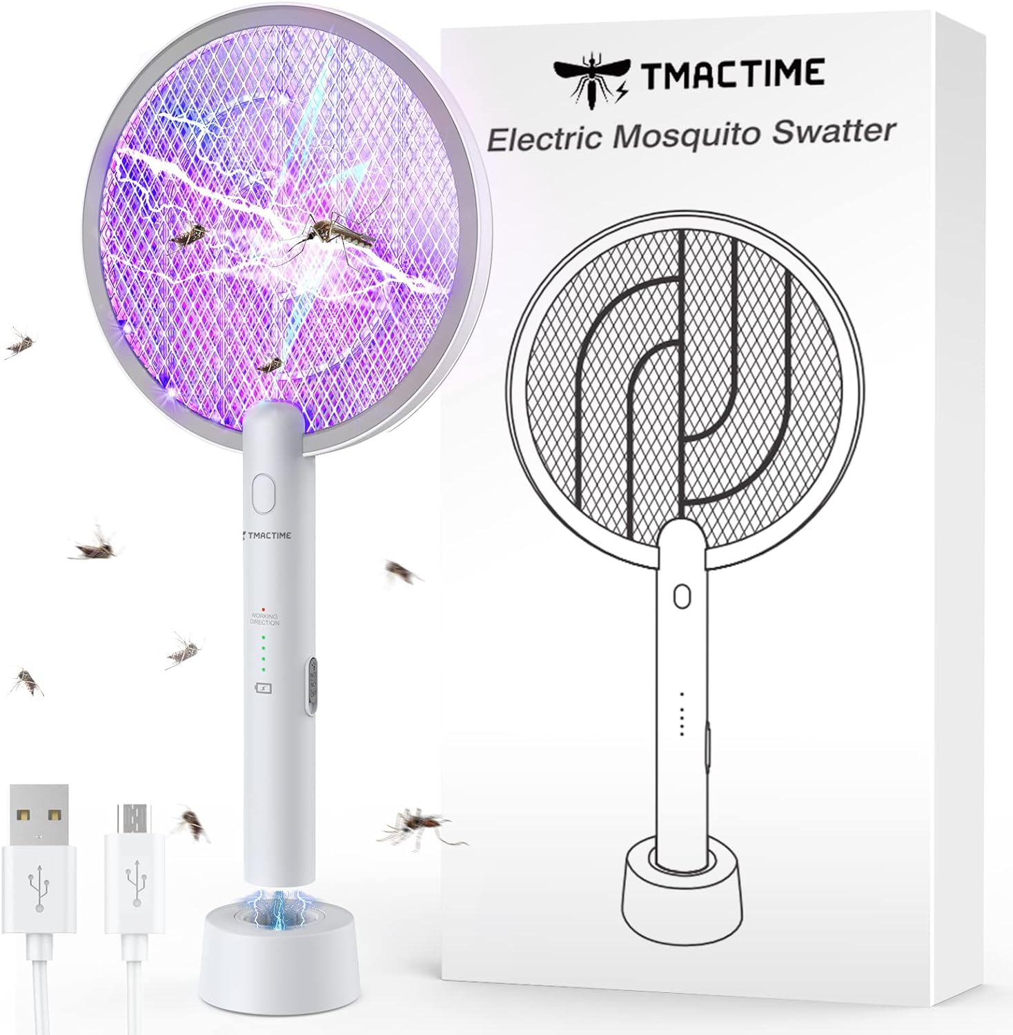 Electric Fly Swatter,4000V Electric Bug Killer with USB Charging 3 Layer Mesh Outdoor Indoor Fly Swatter Electric Zapper for Mosquitoes,Bees,Moths (White)