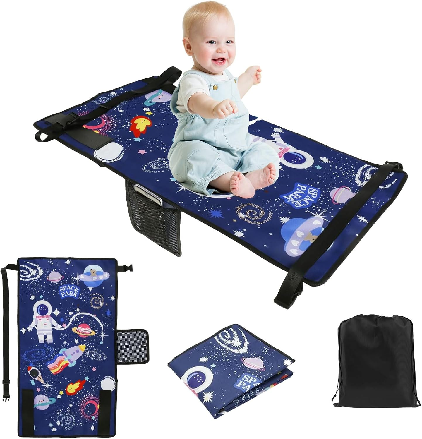 Airplane Travel Bed for Kids Foldable Airplane Bed For77*44Cm Airplane Seat Extender for Travel Waterproof Lightweight Airplane Foot Hammock for All Airplane Seats (Starry Blue) image number 2