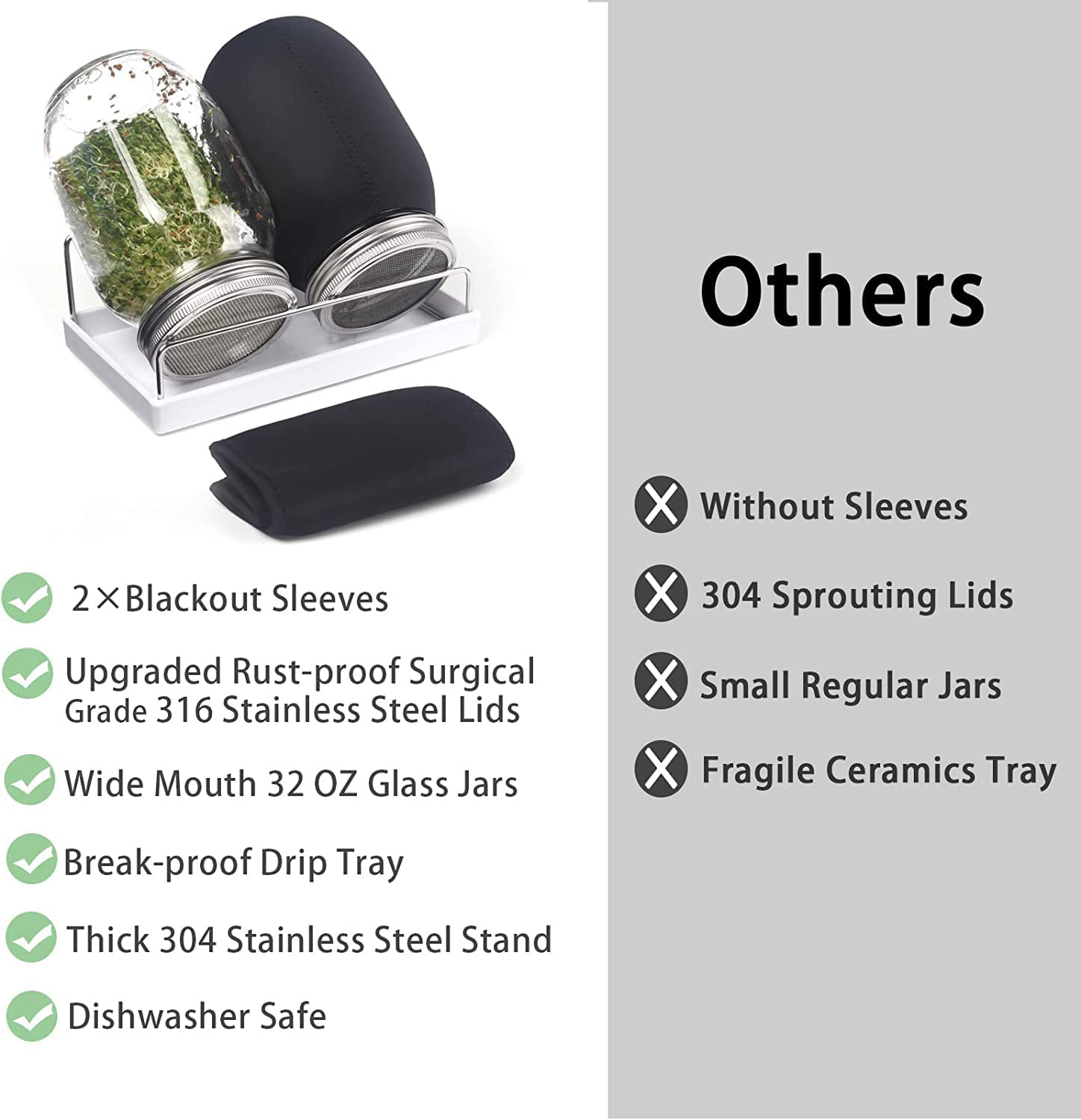 Complete Mason Jar Sprouting Kit. 2 Wide Mouth Quart Sprouting Jars with 316 Stainless Steel Sprouting Lids, Drip Tray and Stand