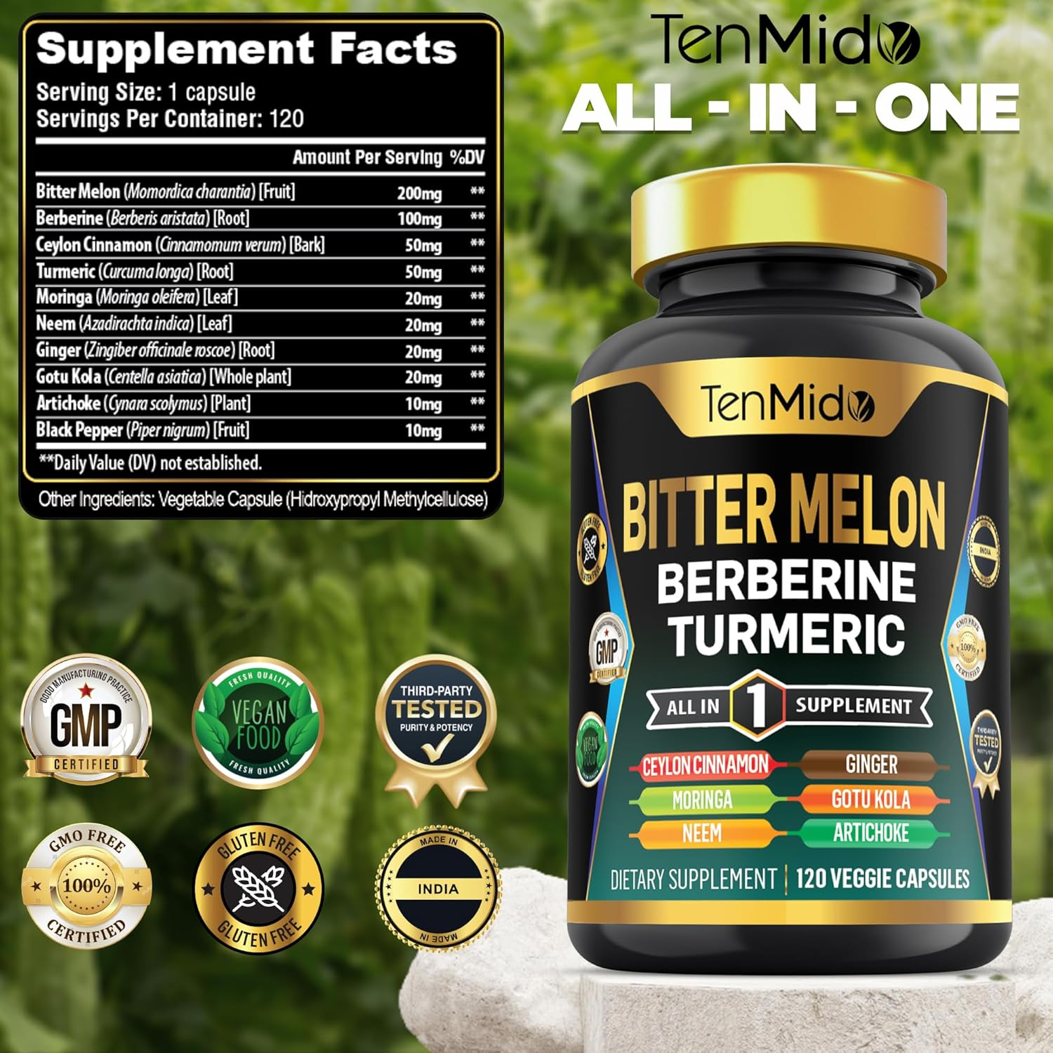 Bitter Melon Supplement - 10In1 Formula - Combine with Berberine, Ceylon Cinnamon, Turmeric, Moringa, Neem, Ginger, Gotu Kola, Artichoke, and Black Pepper - 120 Capsules for 4 Months Supply
