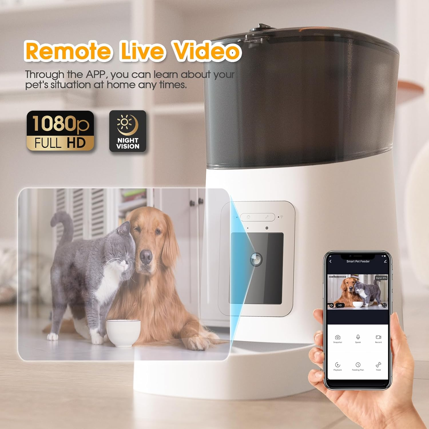 ADVWIN Pet Feeder,1080P HD Wifi 6L Automatic Cat Feeder 110&deg;Angle Adjustable with Night Vision Camera, Smart Timed Pet Feeder for Dogs and Cats（White）