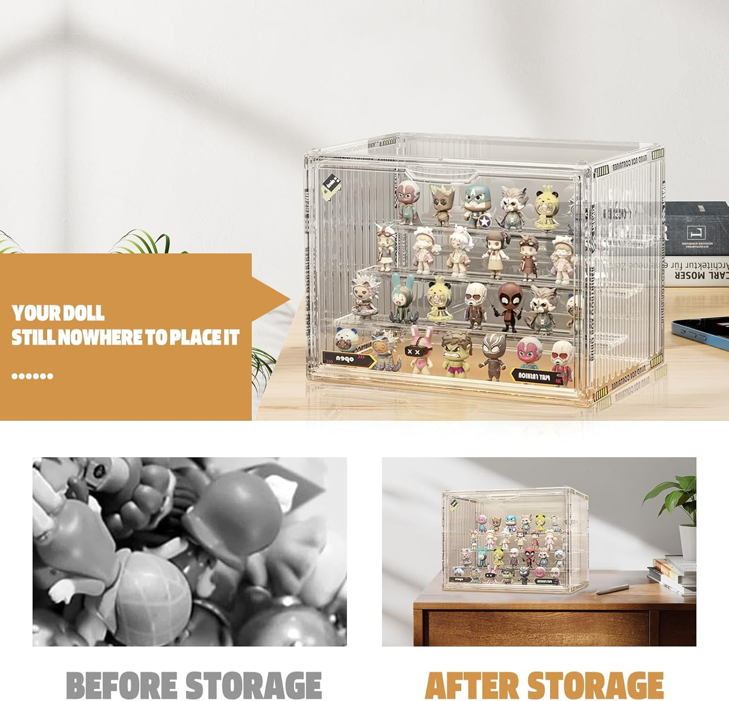 Powerful Acrylic Display Case for Collectibles 4 Layer Stackable& Clear Container Box for Pop Figures Mini Toys Car Model Wallet Book Organization(With Cute Stickers) image number 6