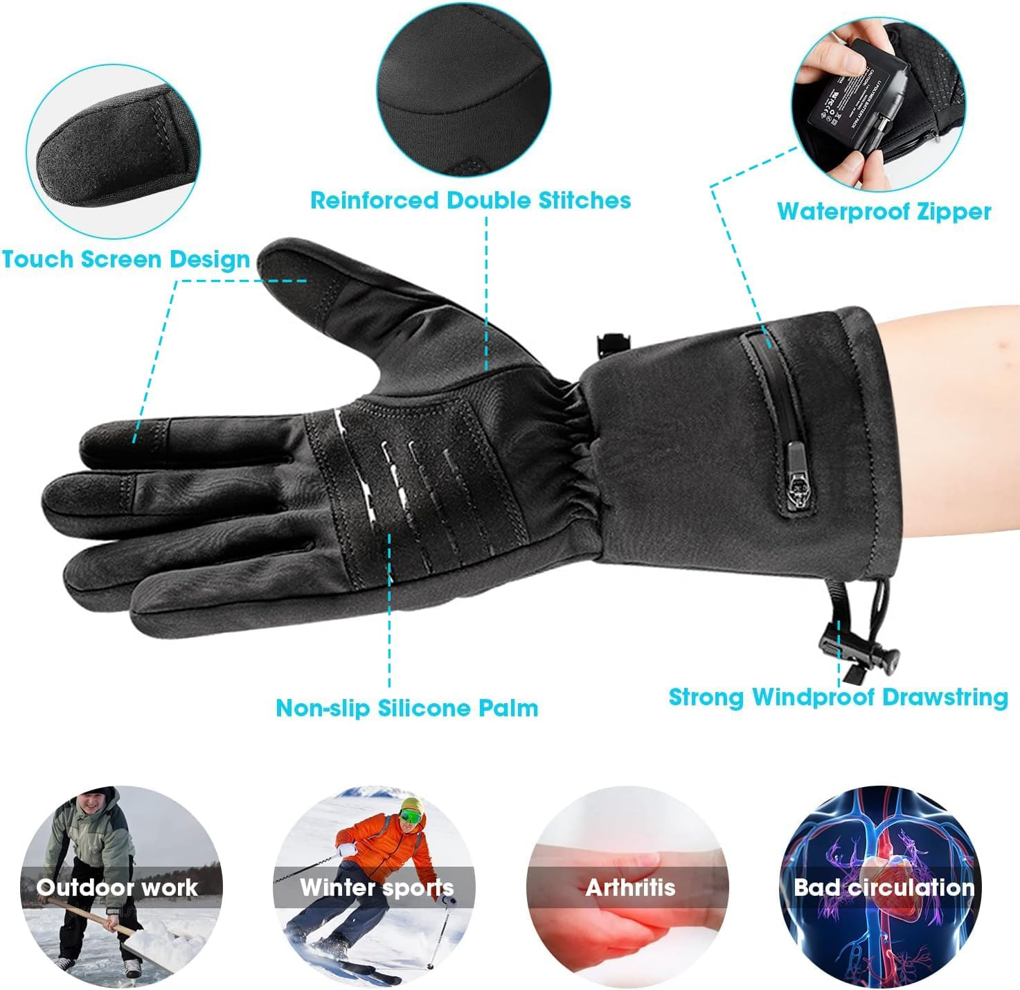 Electric Heated Gloves, Ski Gloves for Men Women, Ideal Hand Wear for Arthritis Sufferers, Ultra-Thin and Touch-Screen Compatible, Perfect for Skiing, Riding, Hiking, Cycling, Hunting