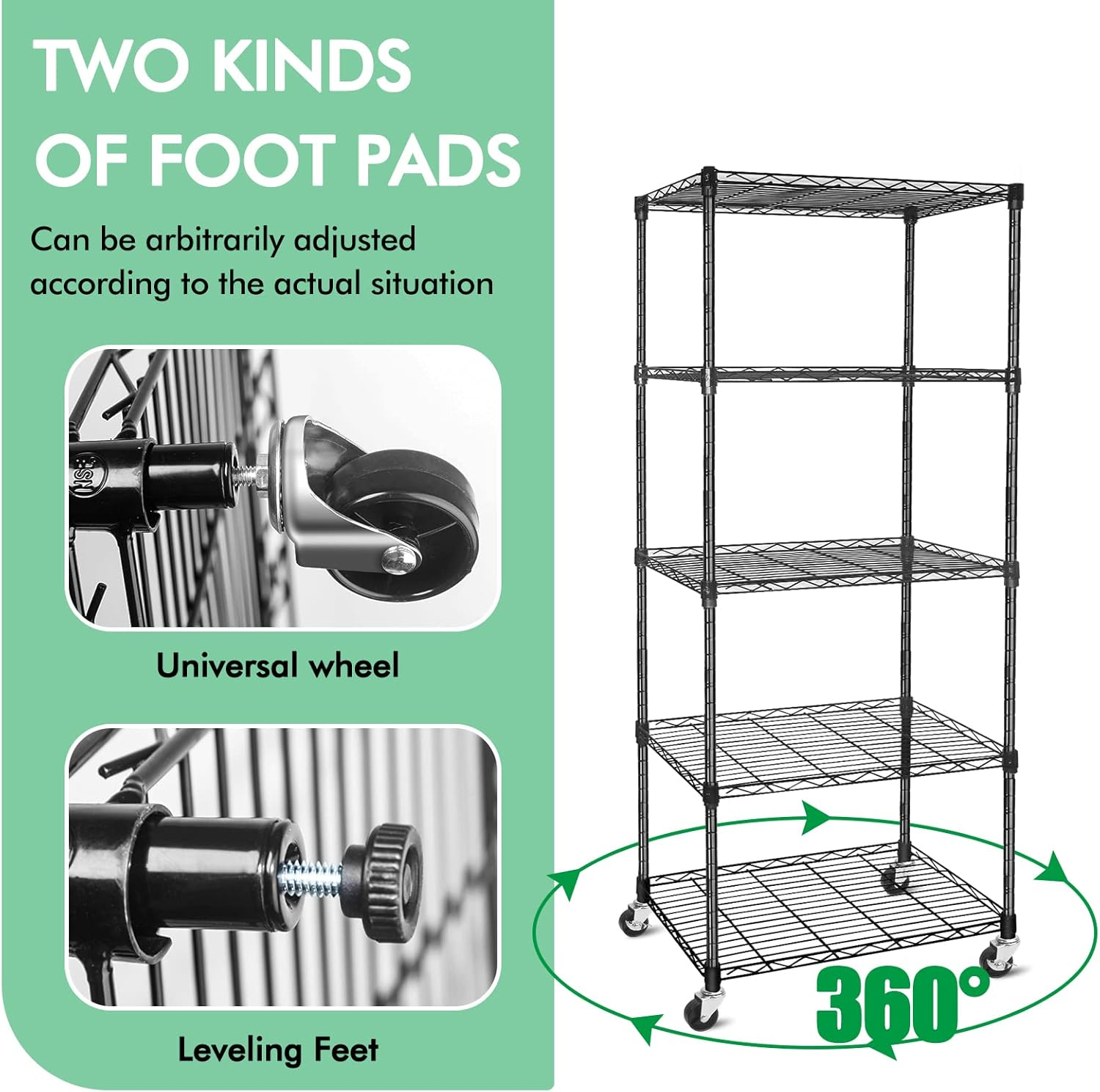 5-Shelf Adjustable,Heavy Duty Storage Shelving Unit on Wheel Casters,Shelves for Storage Wire Shelving,Modern Style,Black (23.7L X 13.7W X 61H) image number 3