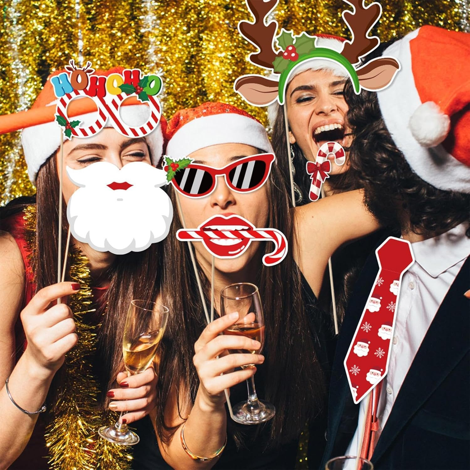 Christmas Photo Booth Props - Christmas Photo Booth Props Kit | 30 Count Party Craft Backdrop Signs | Funny Selfie Posing Glasses Frames, Christmas Pose Sign Kits for Adults and Kids image number 4
