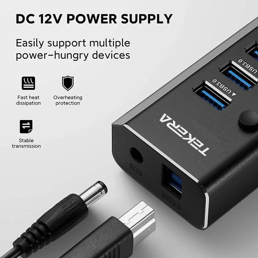 Powered USB Hub, TEKERA 10 Port USB 3.0/USB C Hub Aluminum USB Port Expander with 2-In-1 USB Cable, 5V Power Adapter and Individual Switches, USB Hub 3.0 Splitter for Laptop and PC image number 2