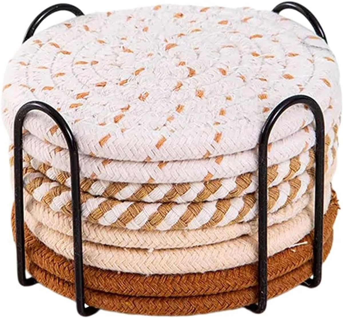 AIMALL 8PCS Nordic Cotton Rope Coasters, round Woven Insulation Mats, Thick Heat-Resistant Placemats for Kitchen and Dining, 3 Styles, 7.3 Inches