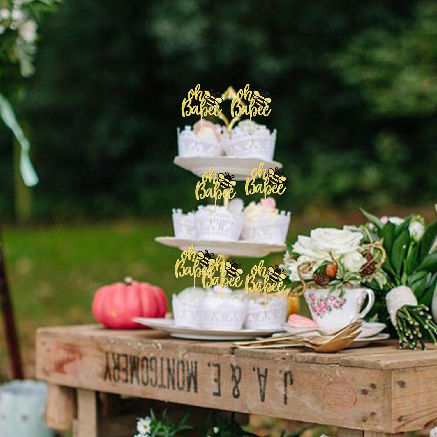 24 Pack Bumble Bee Oh Babee Cupcake Toppers Glitter Honeybee Oh Baby Cupcake Picks for Bee Theme Baby Shower Kids Birthday Party Cake Decorations Supplies Gold image number 4