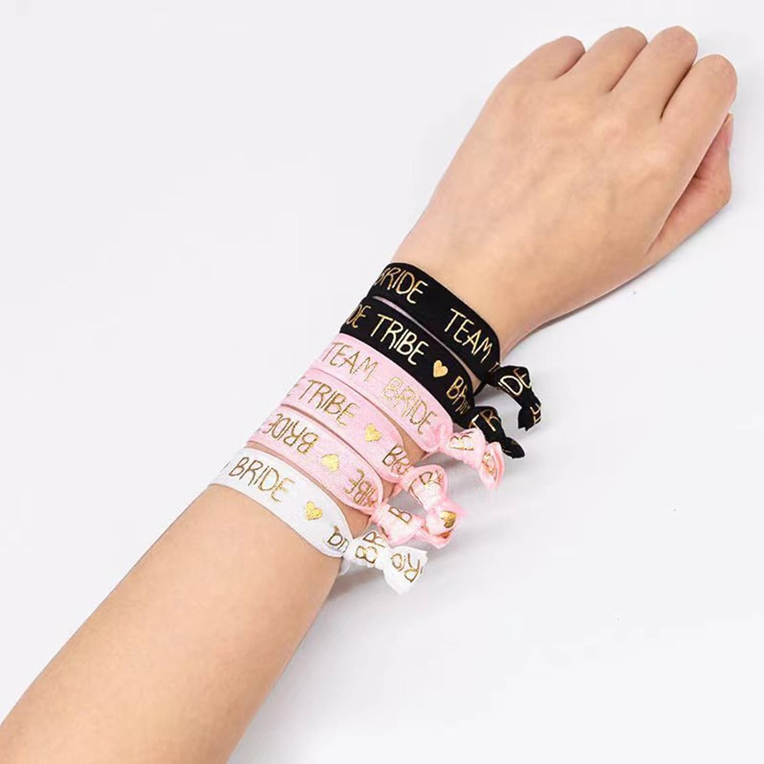Lopsity 11PCS Bride Hair Ties Bridesmaids Hen Party Wrist Band Hair Ties Bachelorette Party Favors Wristbands Bracelets Bride and Team Bride Hair Tie (PINK+WHIE)