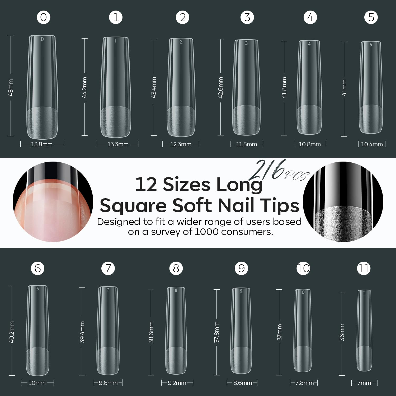 Modelones XXL Square Nail Tips, Pre-Shaped Full Cover Long Fake Nails Soft Gel Acrylic Nail Tips Nail Extension False Gel X Nail Kit 216PCS 12Sizes image number 1