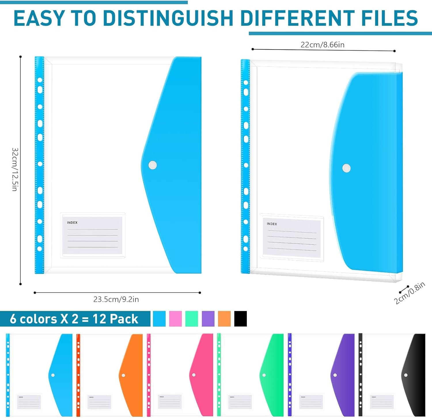 Plastic Wallets A4 Punched Pockets, 12 Pack 11 Holes Expandable Binder Folders for 2/3/4 Ring Document Pouch with Snap Button Label Loose-Leaf Transparent for Office School Home (Assorted Colours) image number 4