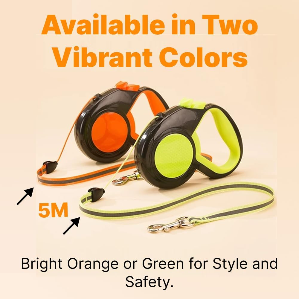 Reflective Retractable Dog Leash &ndash; 5M Extendable Lead with Quick-Lock Brake, Tangle-Free Nylon Tape & Soft Anti-Slip Handle for Night Walking (Orange) - Green image number 3