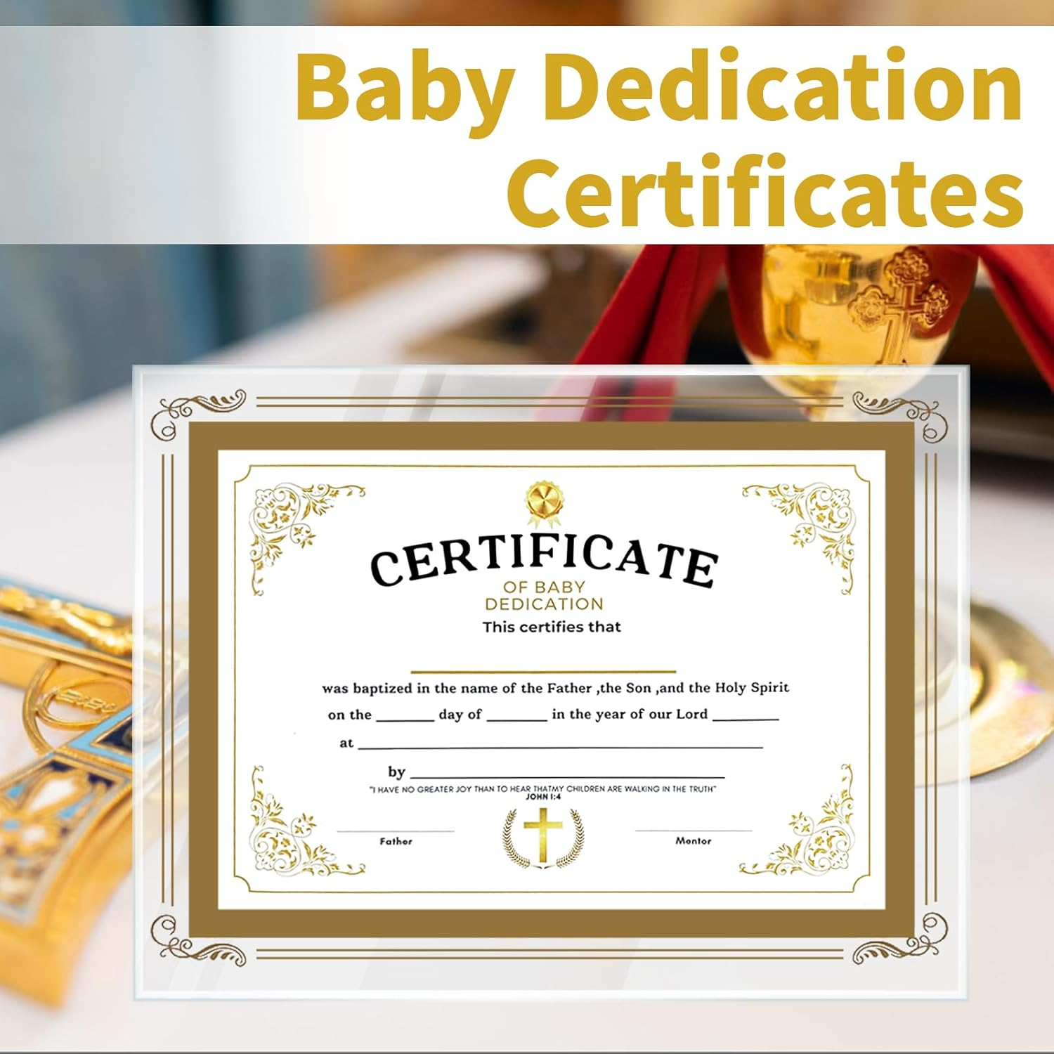 Baptism Certificates for Church, with Glass Frame, Perfect Baptism Keepsake, Gold Foil Cross Certificates of Baby Christening Dedication image number 3