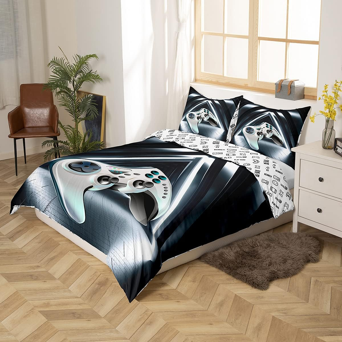 Tbrand Gamepad Bedding Set for Players Children Boys Video Game Gamepad Duvet Cover Set Girls Teen Modern Game Controller Bedding Set 135 X 200 Cm Novelty Action Buttons Decor Grey White image number 4