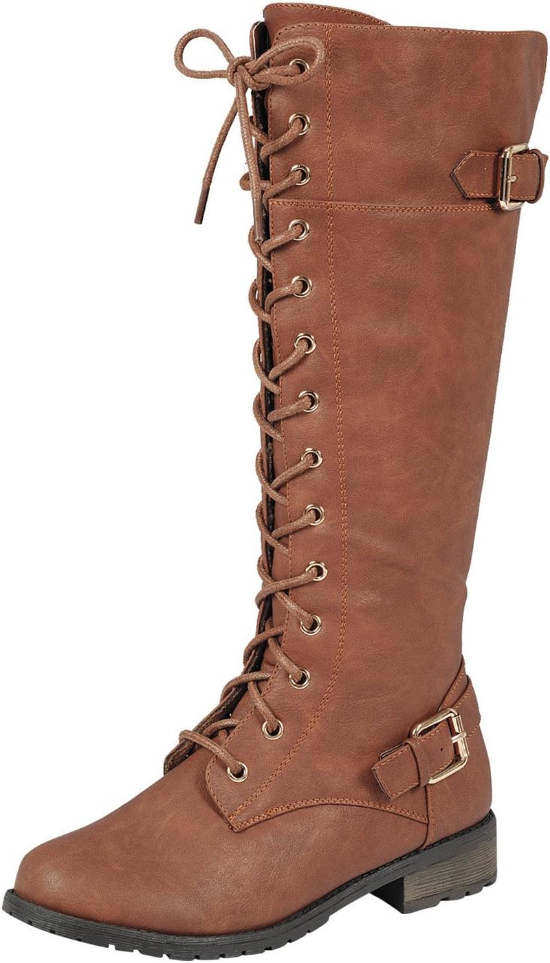 Forever Link Women'S Strappy Lace-Up Knee High Combat Stacked Heel Boot