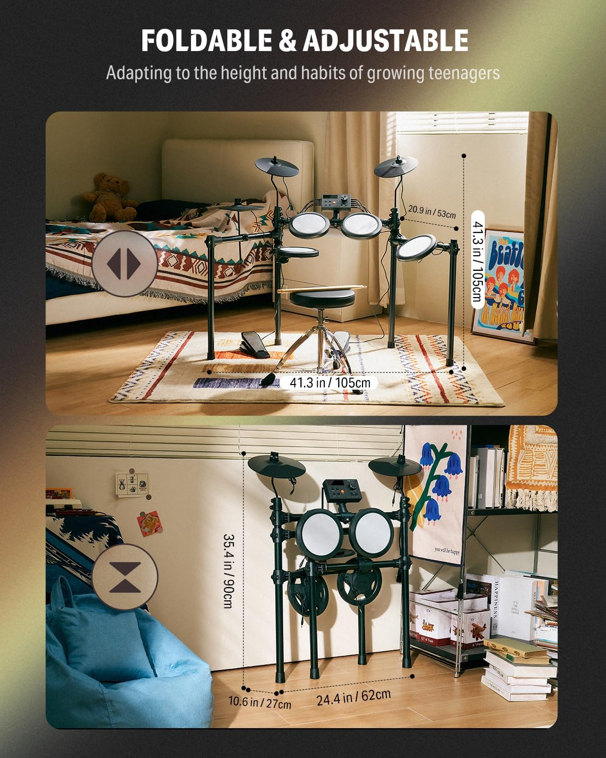 Donner DED-70 NEW Electric Drum Set, Electronic Drum Kit for Beginner with 150 Sounds, 4 Quiet Mesh Pads, 9" Cymbals, USB MIDI, Type-C Charging, 2 Pedal, Throne, Headphones, Sticks, Melodics Lessons