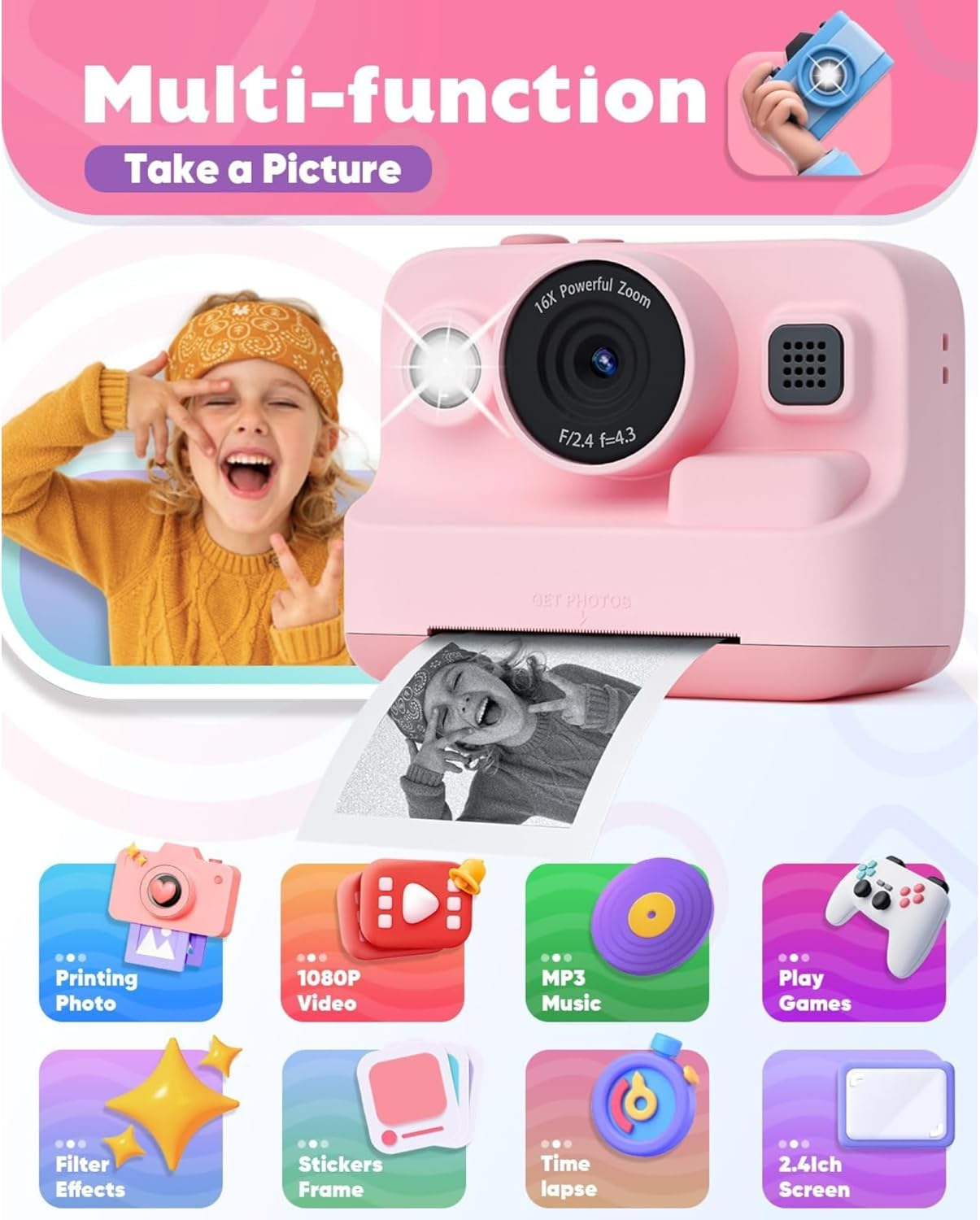 Kids Camera Instant Print, 1080P HD Instant Printing Camera with 3 Rolls Printing Paper & 32GB Card, Selfie Digital Camara for Kids, Ideal Toys Gifts for Boys & Girls Age 3-14 (Purple) image number 5