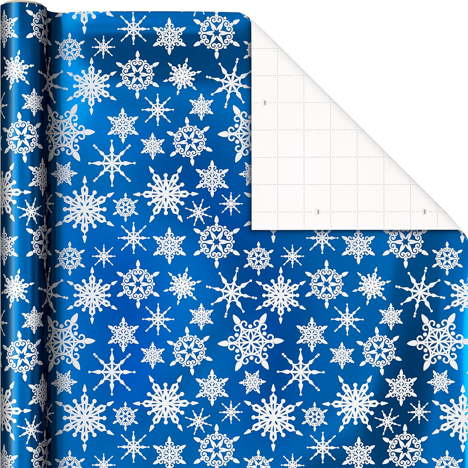 Hallmark Blue Foil Christmas Wrapping Paper with Cut Lines on Reverse (3 Rolls: 60 Sq. Ft. TTL) Snowmen, Snowflakes, Christmas Trees