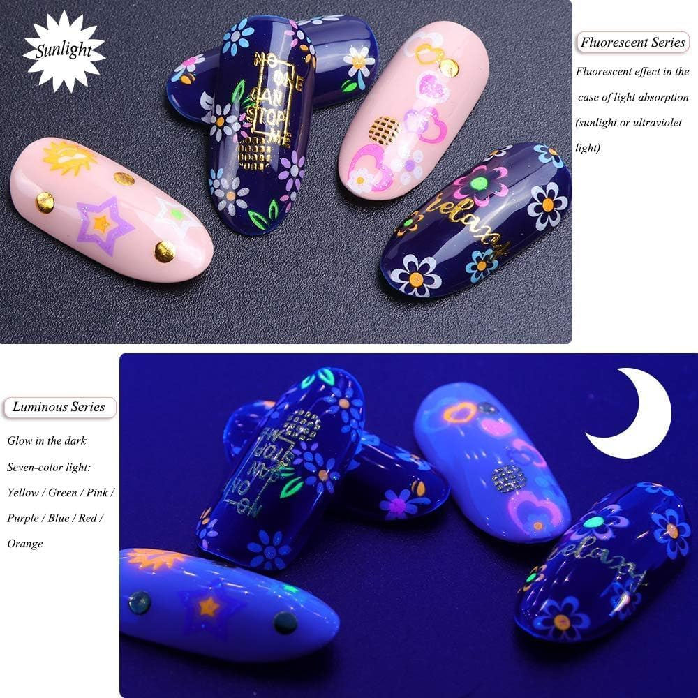 Kalolary 24Sheets Fluorescence Nail Art Stickers Decals 3D Self-Adhesive Butterfly Flower Love Fruits Pattern DIY Decoration Tools Accessories for Women image number 3