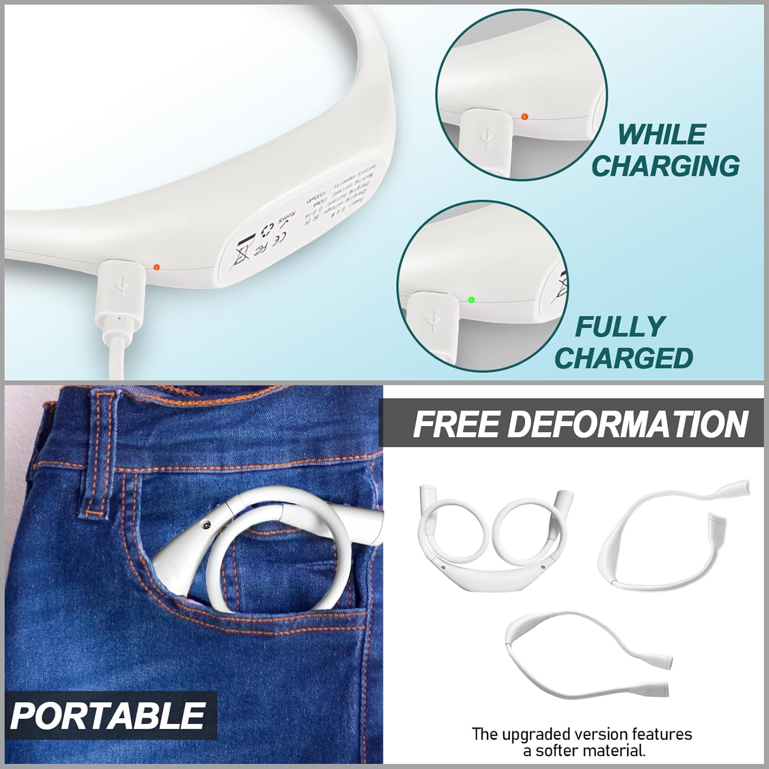 TINYOUTH White Neck Lamp for Reading, 1000Mah USB Rechargeable Book Neck Light Knitting Light with 3 Light Modes Stepless Dimming for Fishing Repairing Sewing Craftwork Crocheting image number 6